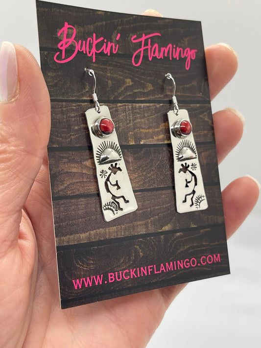 Silver Kokopelli Earrings with Red Coral by Jeff James Jr., Navajo
