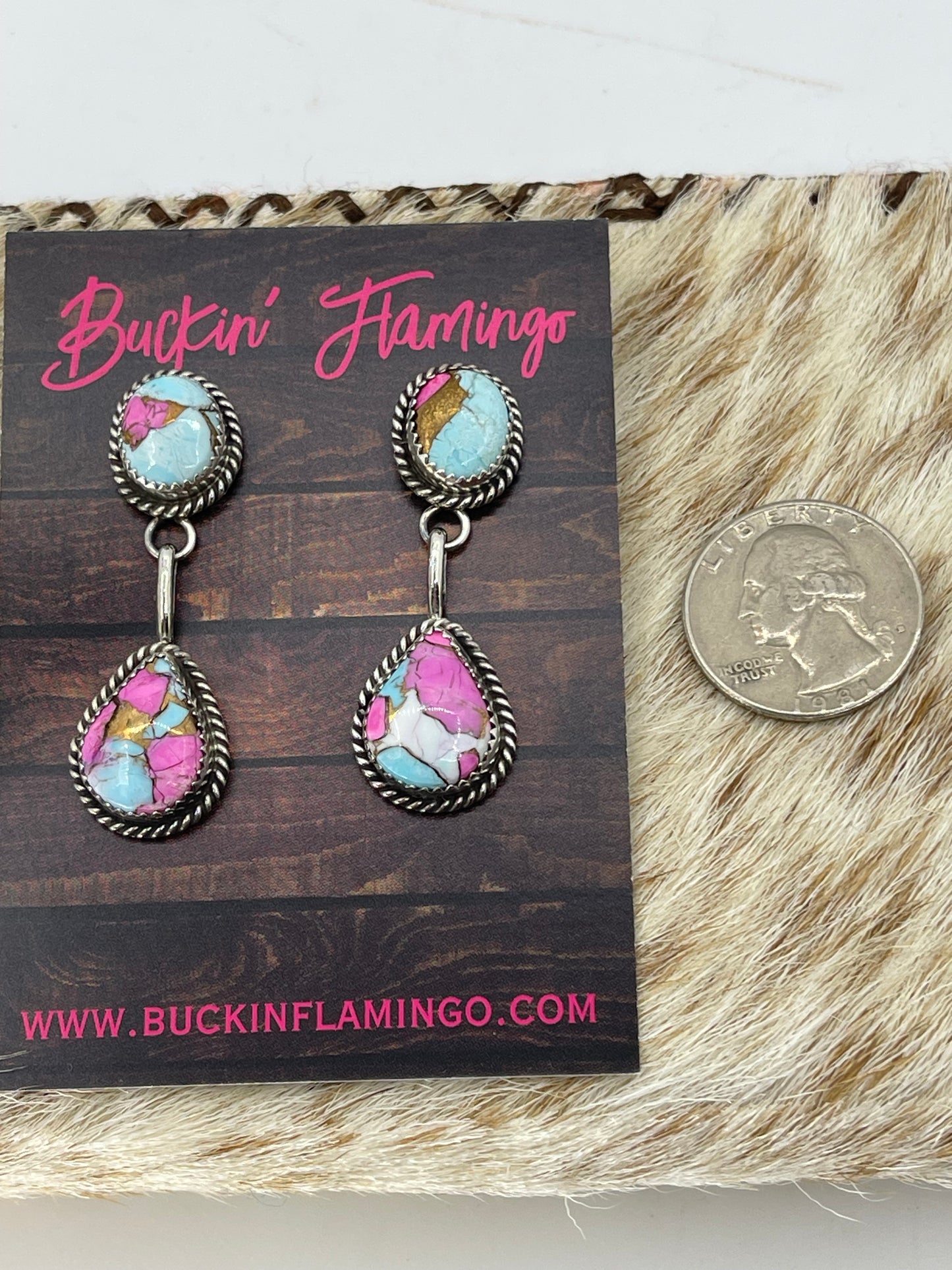 2 Stone Cotton Candy Post Dangle Earrings by Freda Martinez, Navajo