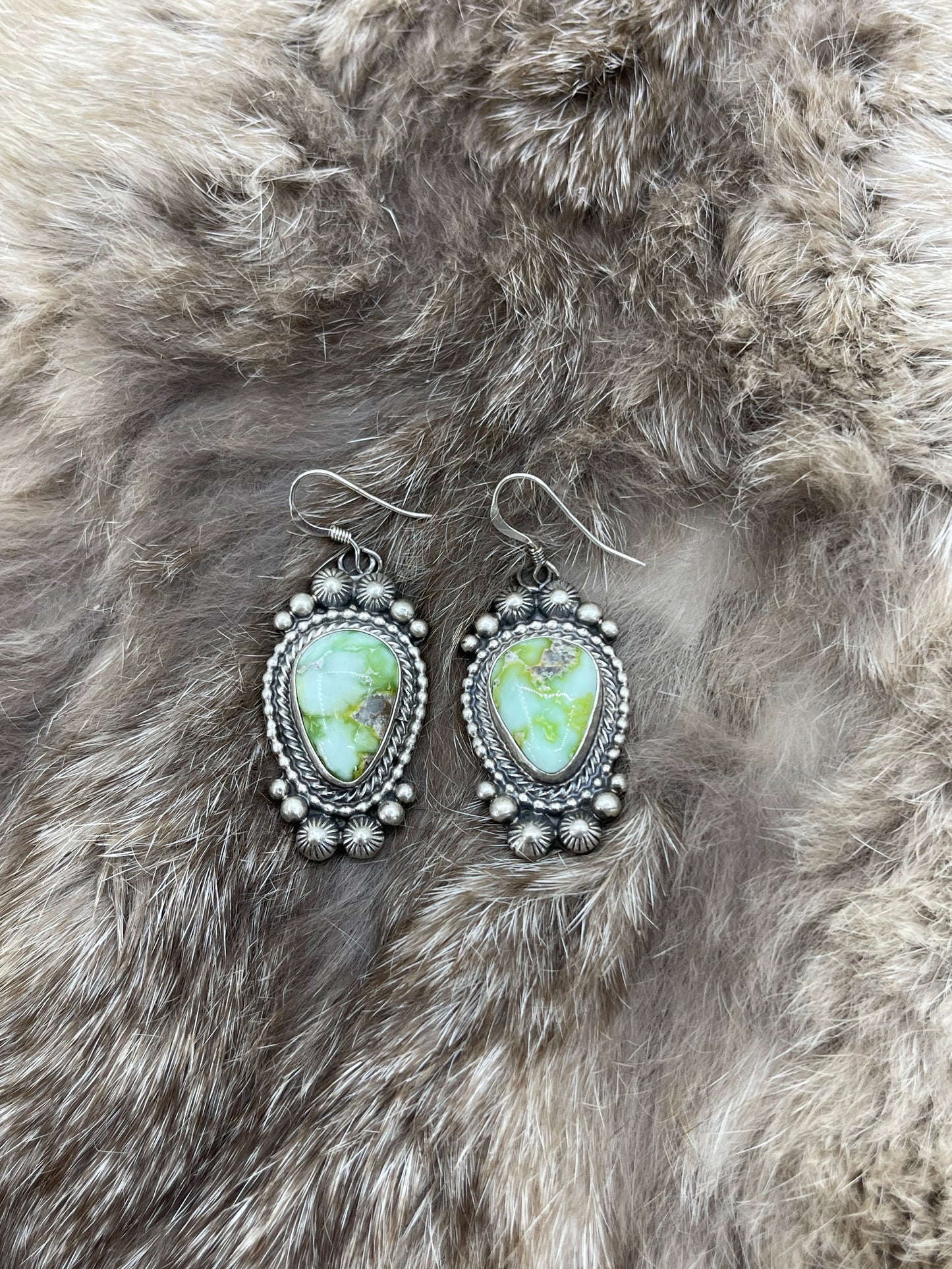 24"+3" Palomino Turquoise Squash Blossom and Dangle Earrings Set by Tom Lewis, Navajo
