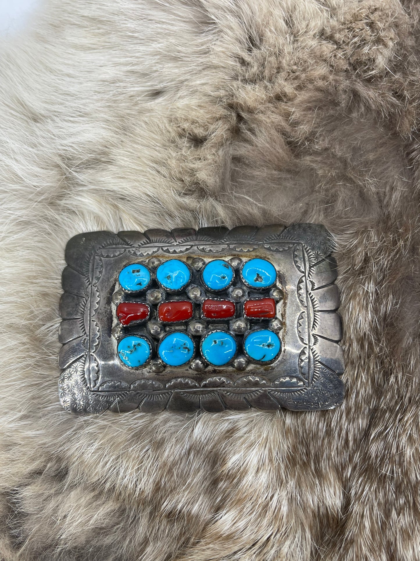 12 Stone Stamped Turquoise & Red Coral Belt Buckle by Robert Patricia, Navajo