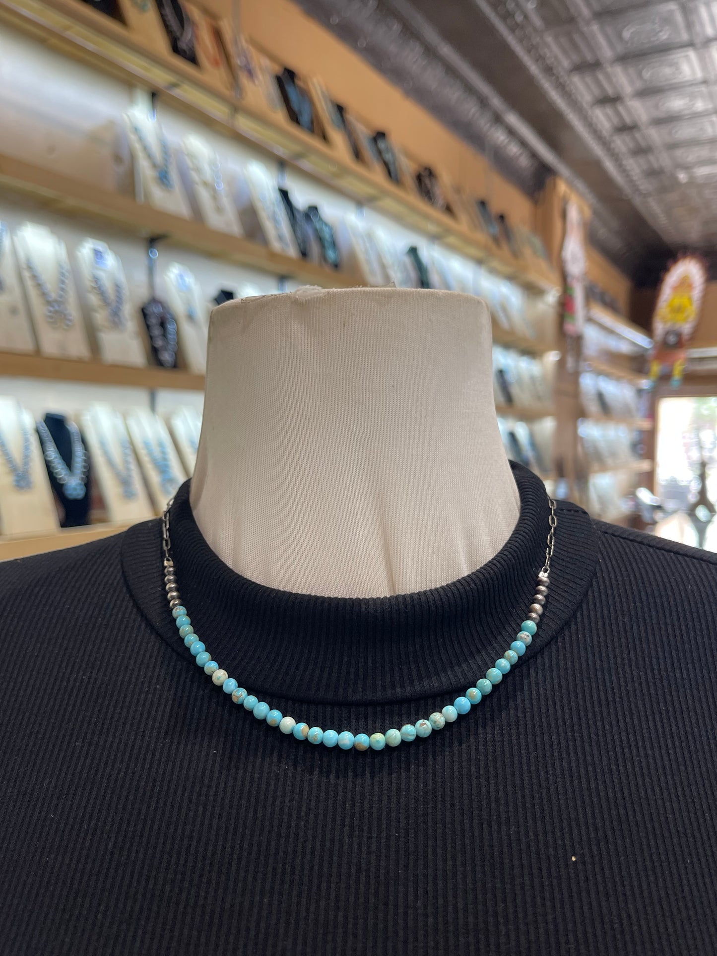 18" 4mm Navajo Style Pearls with Turquoise Beads Chain Link Necklace