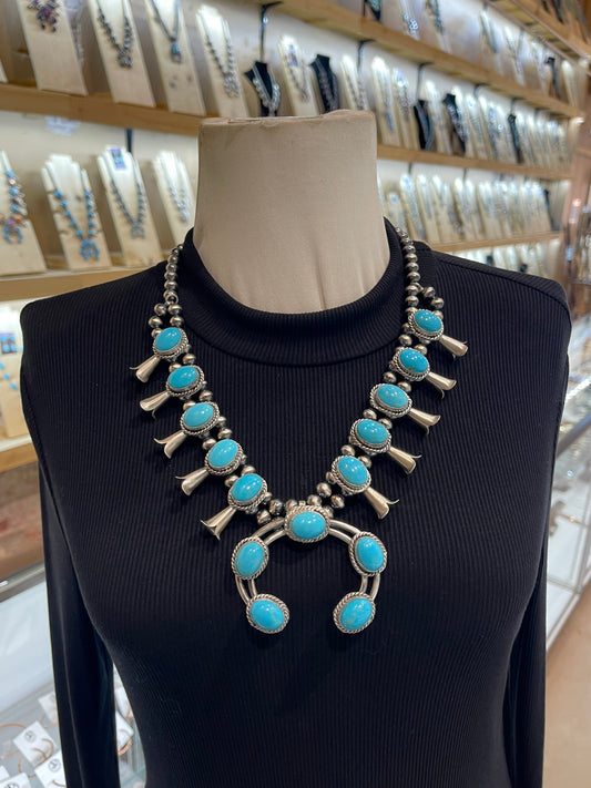 22" Sleeping Beauty Turquoise Squash Blossom Necklace by Gilbert Nez, Navajo