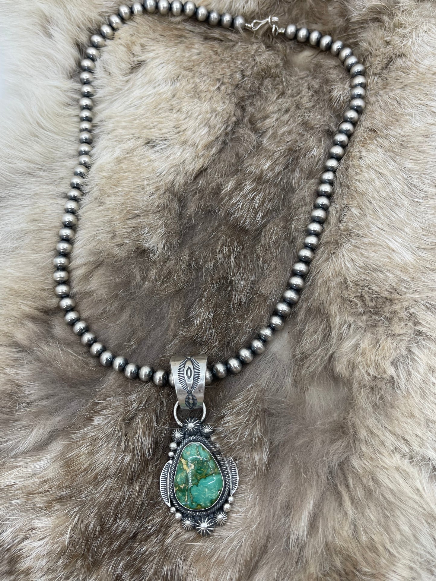 Sonoran Gold Turquoise Pendant with 18" 6mm Navajo Style Pearls by Tom Lewis, Navajo