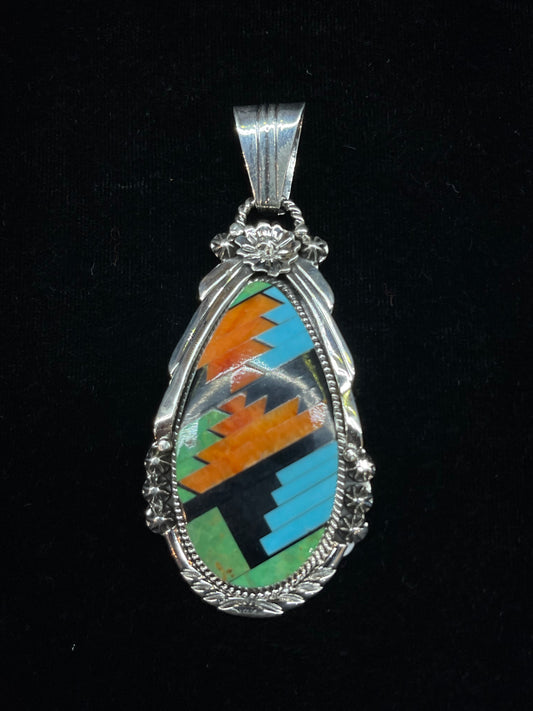 Multi Stone Inlay Teardrop Pendant with a 4.6mm Bale by Clayton Tom, Navajo