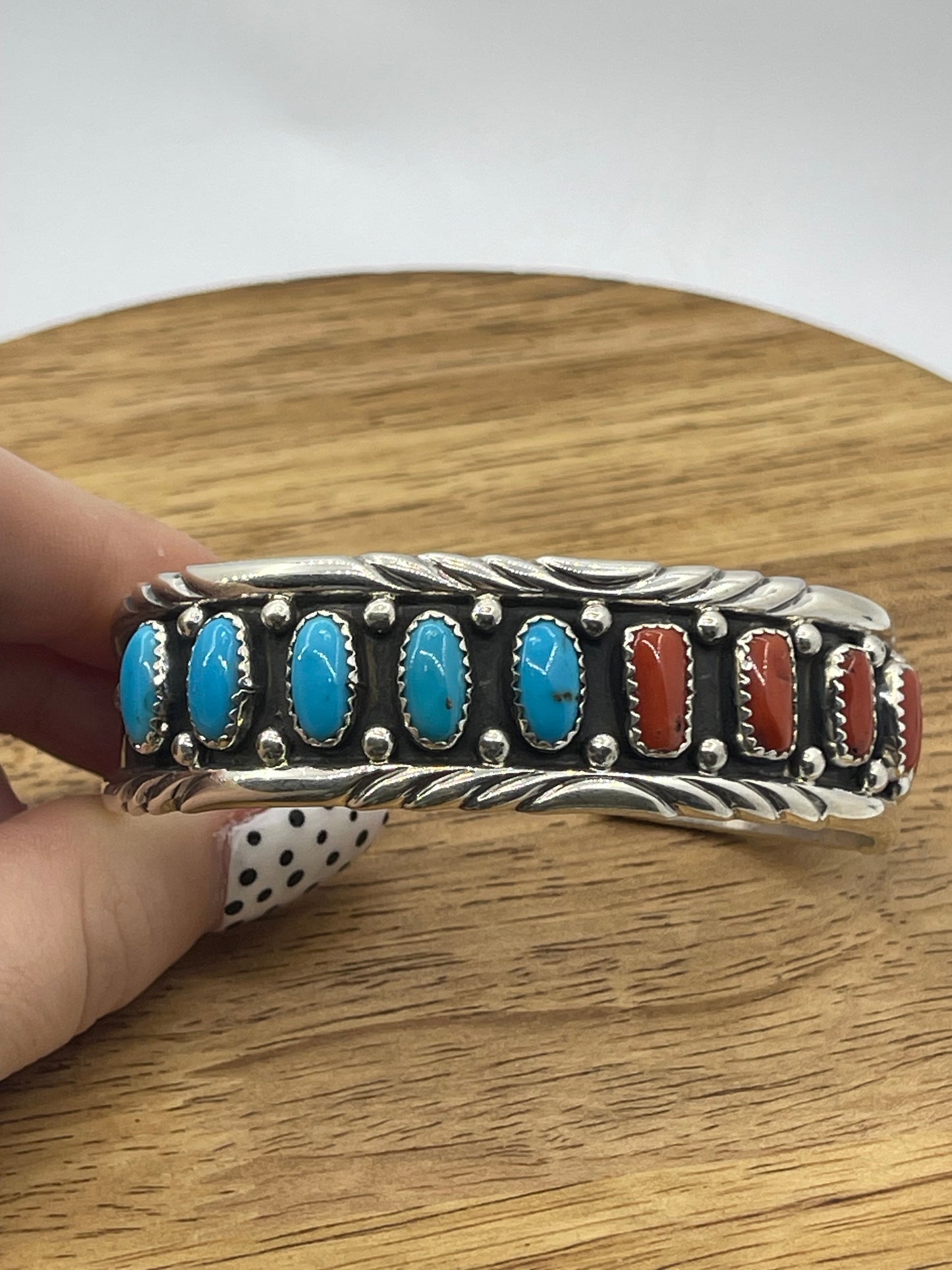 Red Coral and Blue Sleeping Beauty Turquoise Cuff by Reed Charley, Navajo