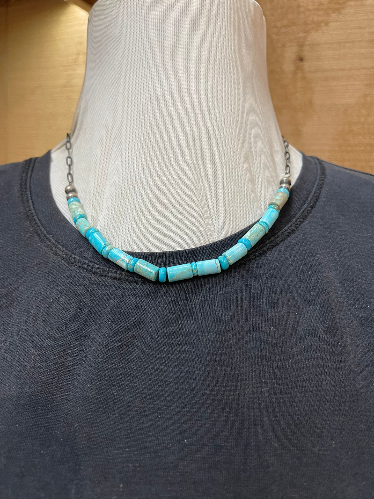 18" Turquoise Barrel Beads and Navajo Style Pearl Necklace