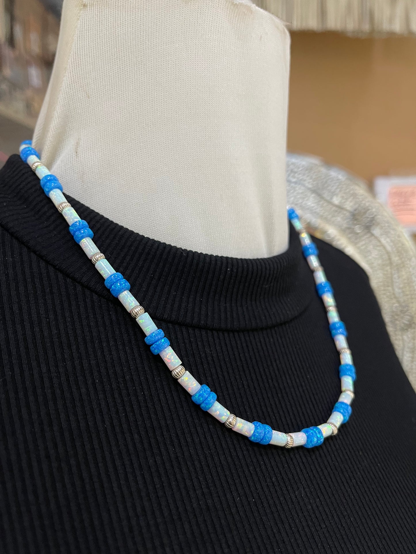 19" 4mm White, and 6mm Blue Opal Necklace with Dainty Sterling Silver Beads