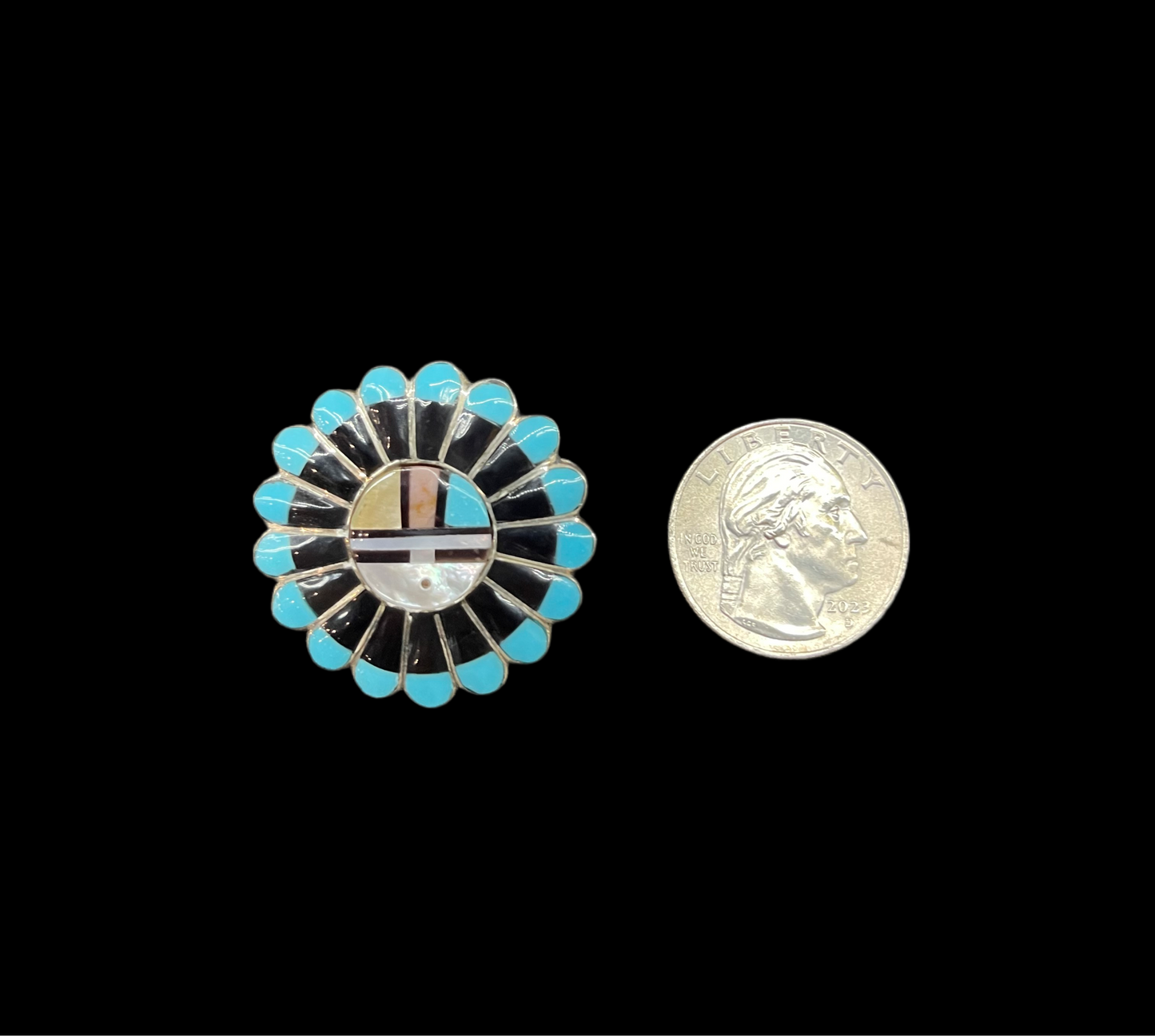 Zuni Round Mother of Pearl, Coral, Black Jet and Turquoise Inlay in Pin/Pendant/Brooch