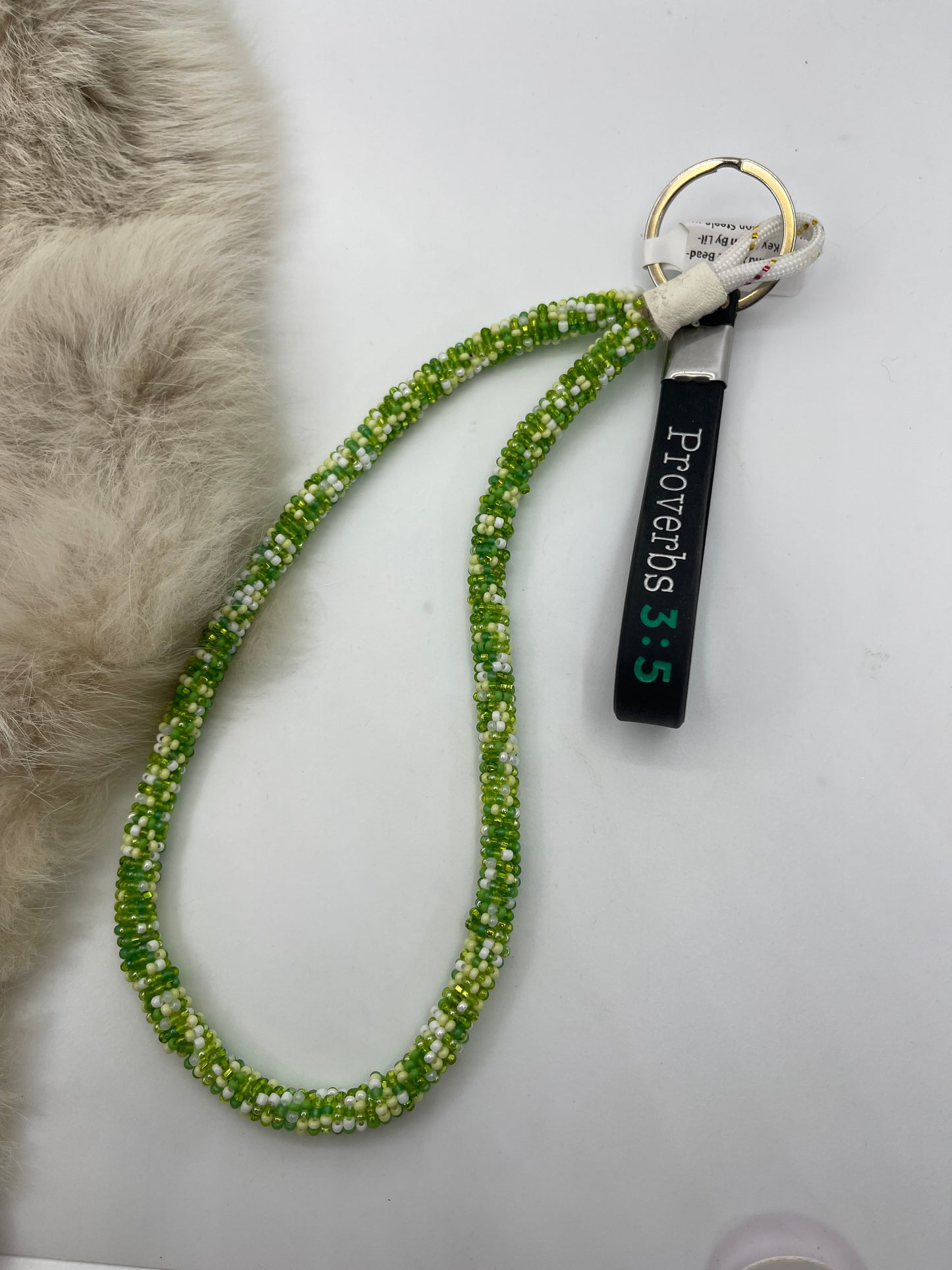 Green and White Beaded Key Chain By Lillian & Vernon Steele, Apache