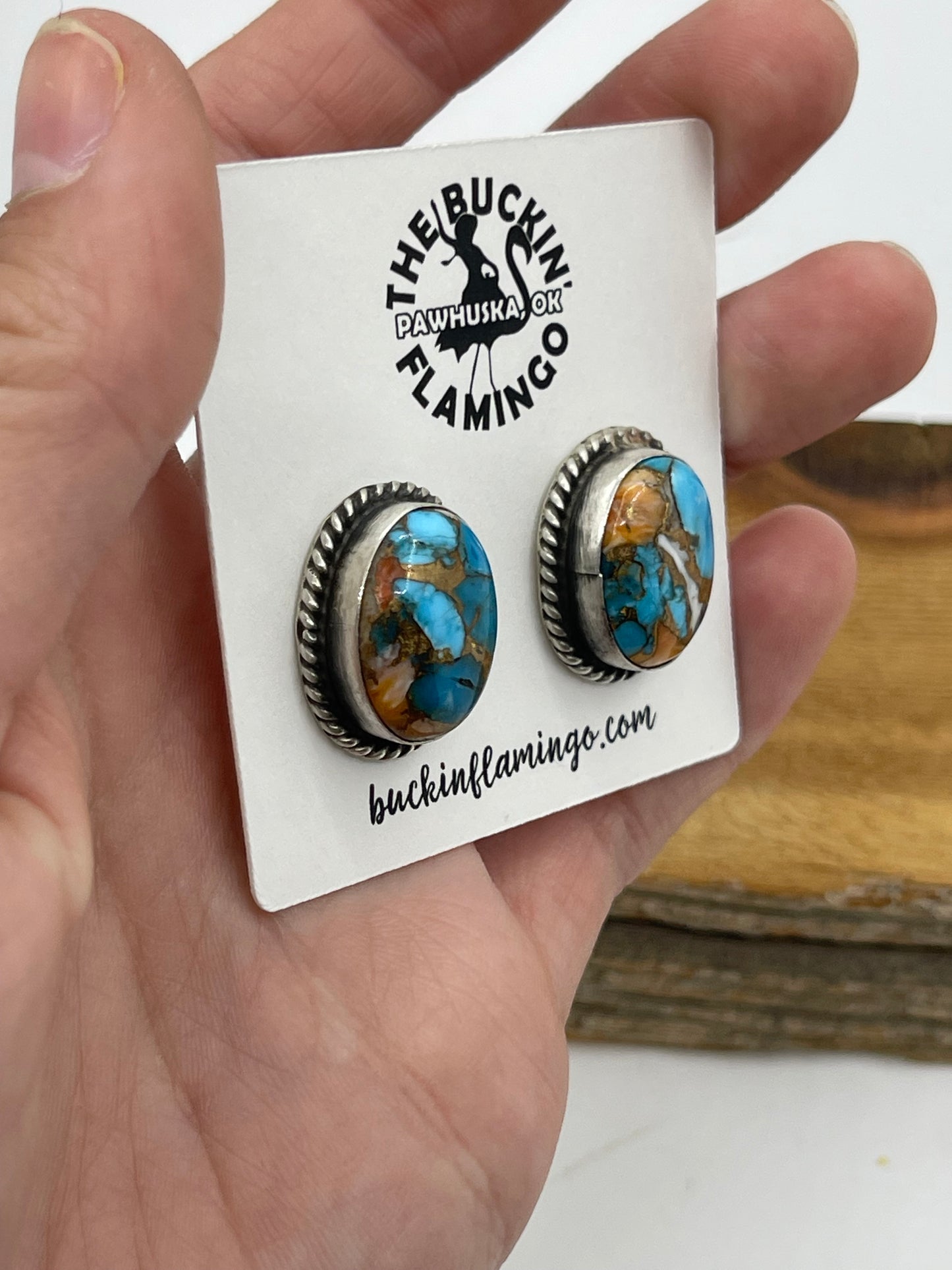 Spiny Turquoise Oval Post Earrings by Judith Dixon, Navajo