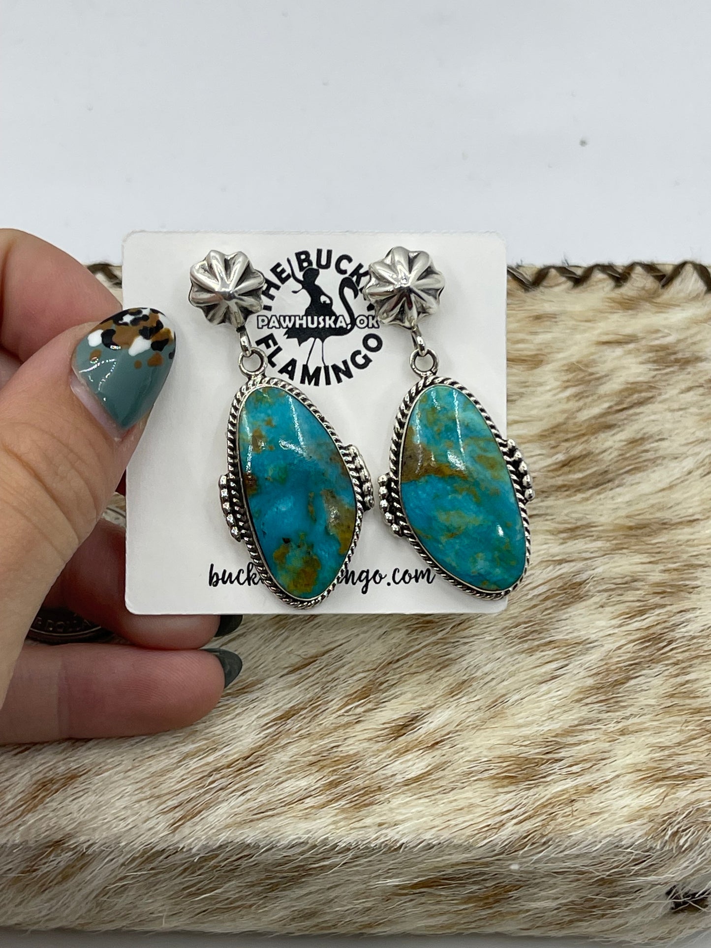 Kingman Turquoise Star Post Dangle Earrings by Raymond Yazzie, Navajo