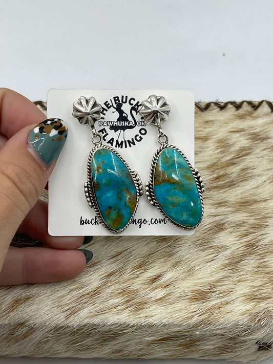 Kingman Turquoise Star Post Dangle Earrings by Raymond Yazzie, Navajo