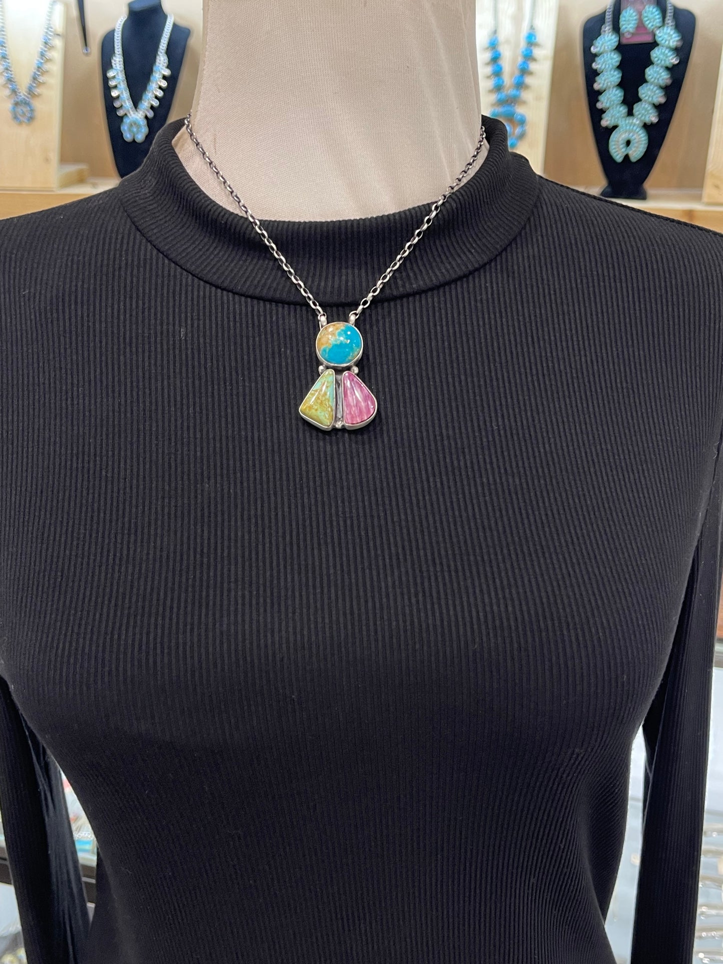 16 Inch Multi-Colored 3 Stone Cluster Necklace by Donovan Skeet, Navajo