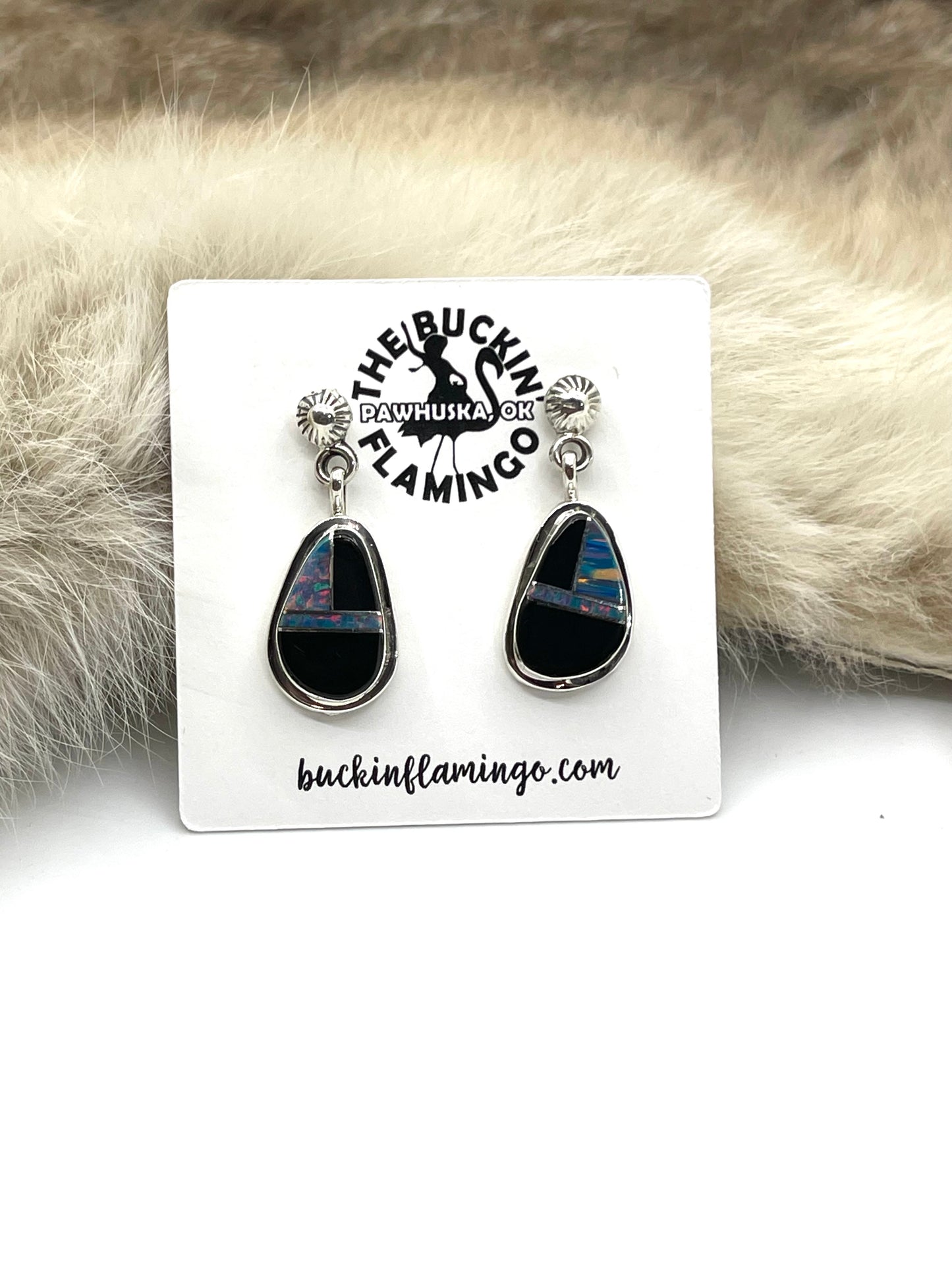 Opal and Onyx Earrings by James Manygoats, Navajo
