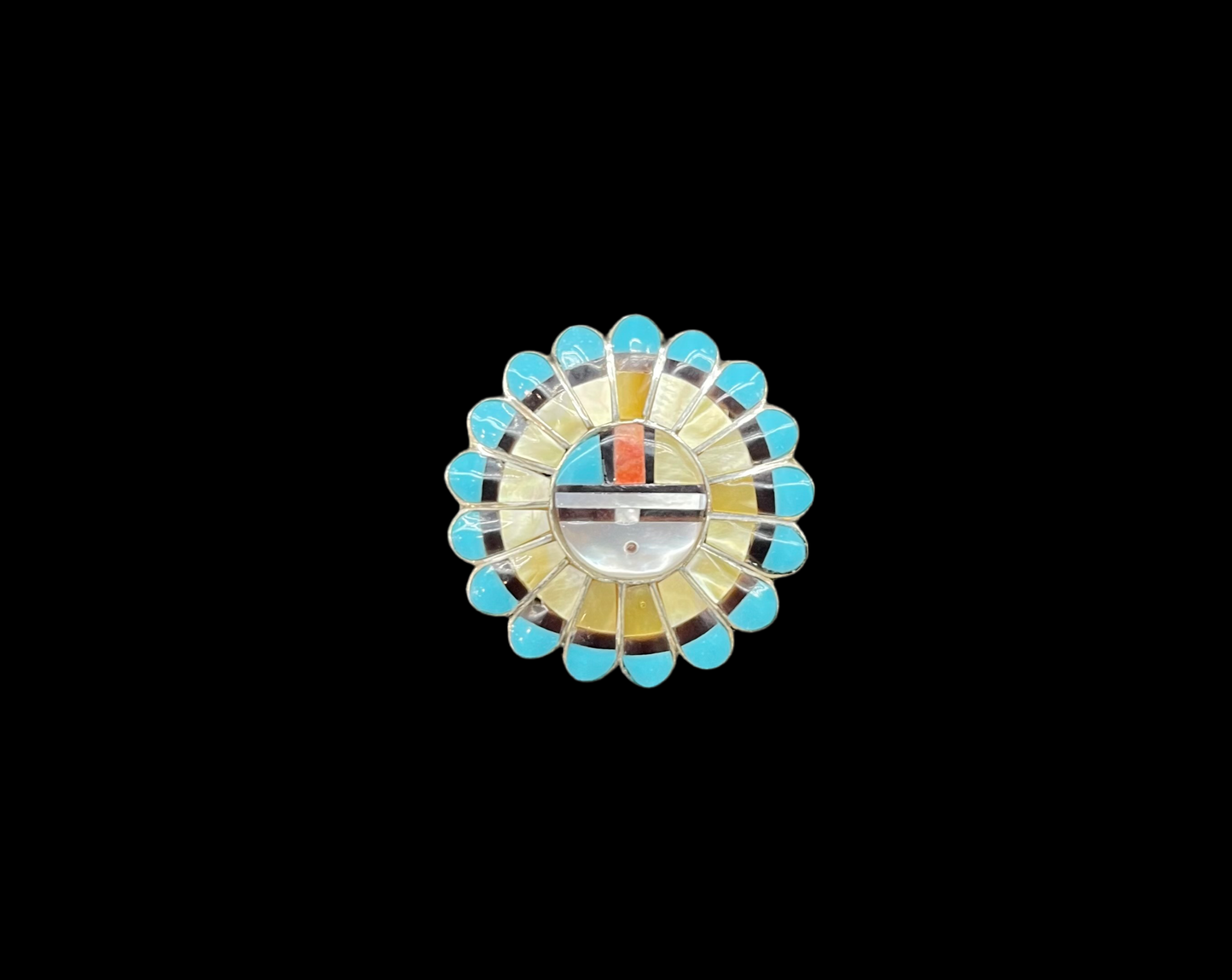 Zuni Round Mother of Pearl, Coral, Black Jet and Turquoise Inlay in Pin/Pendant/Brooch