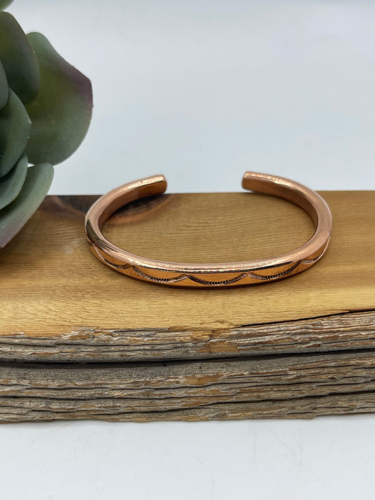 6 1/4" Thick Copper Stamped Cuff by Elaine Tahe, Navajo