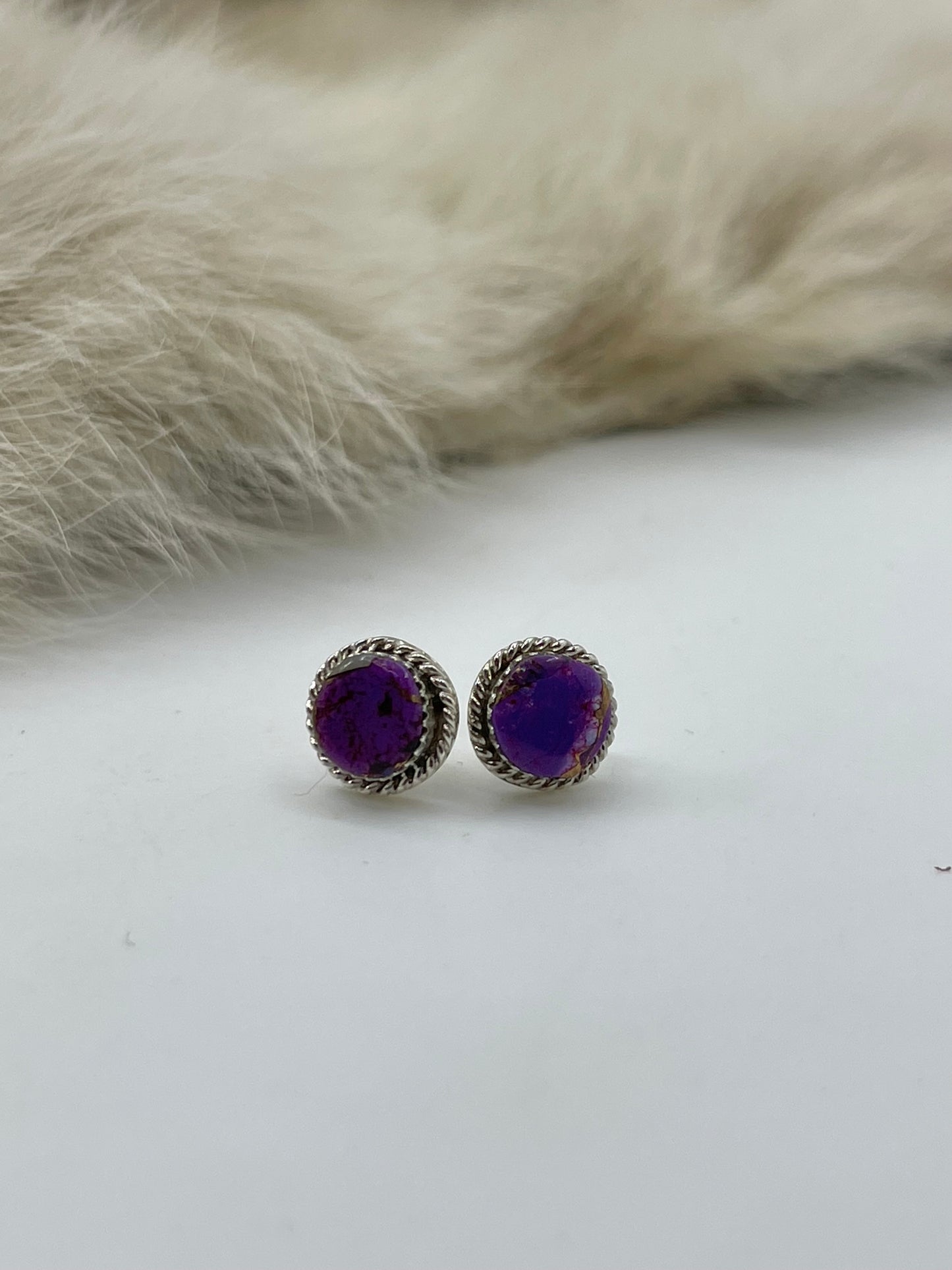 ORANGE CRUSH WITH PURPLE STUD EARRINGS BY MARCHELLE QUALO, ZUNI