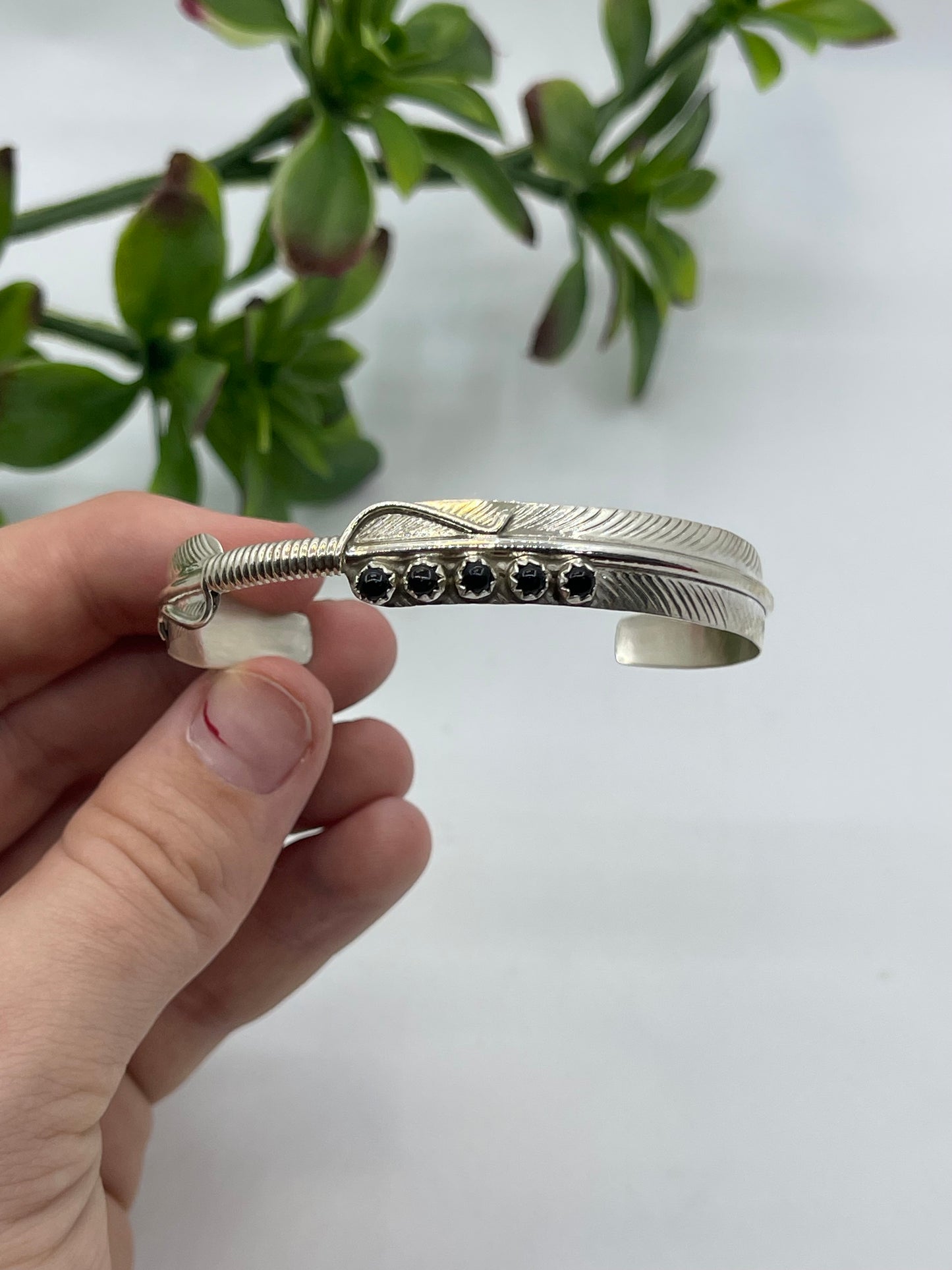 5.5" - 7" 5 Stone Black Onyx Feather Cuff by Aaron Davis, Navajo