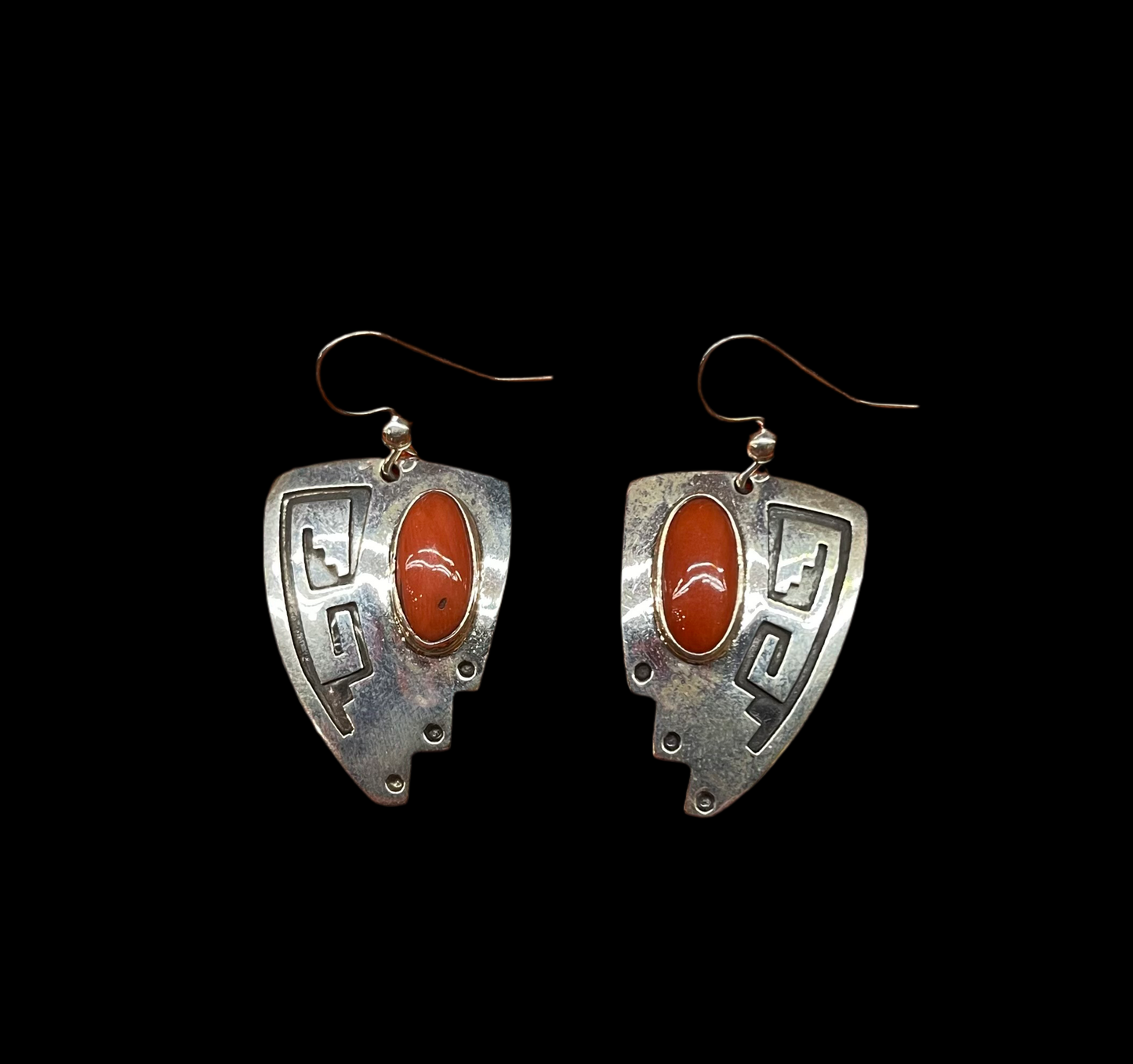 Red Coral Stamped Sterling Silver Arrowhead Hook Earrings by Everett & Mary Teller, Navajo (Copy)