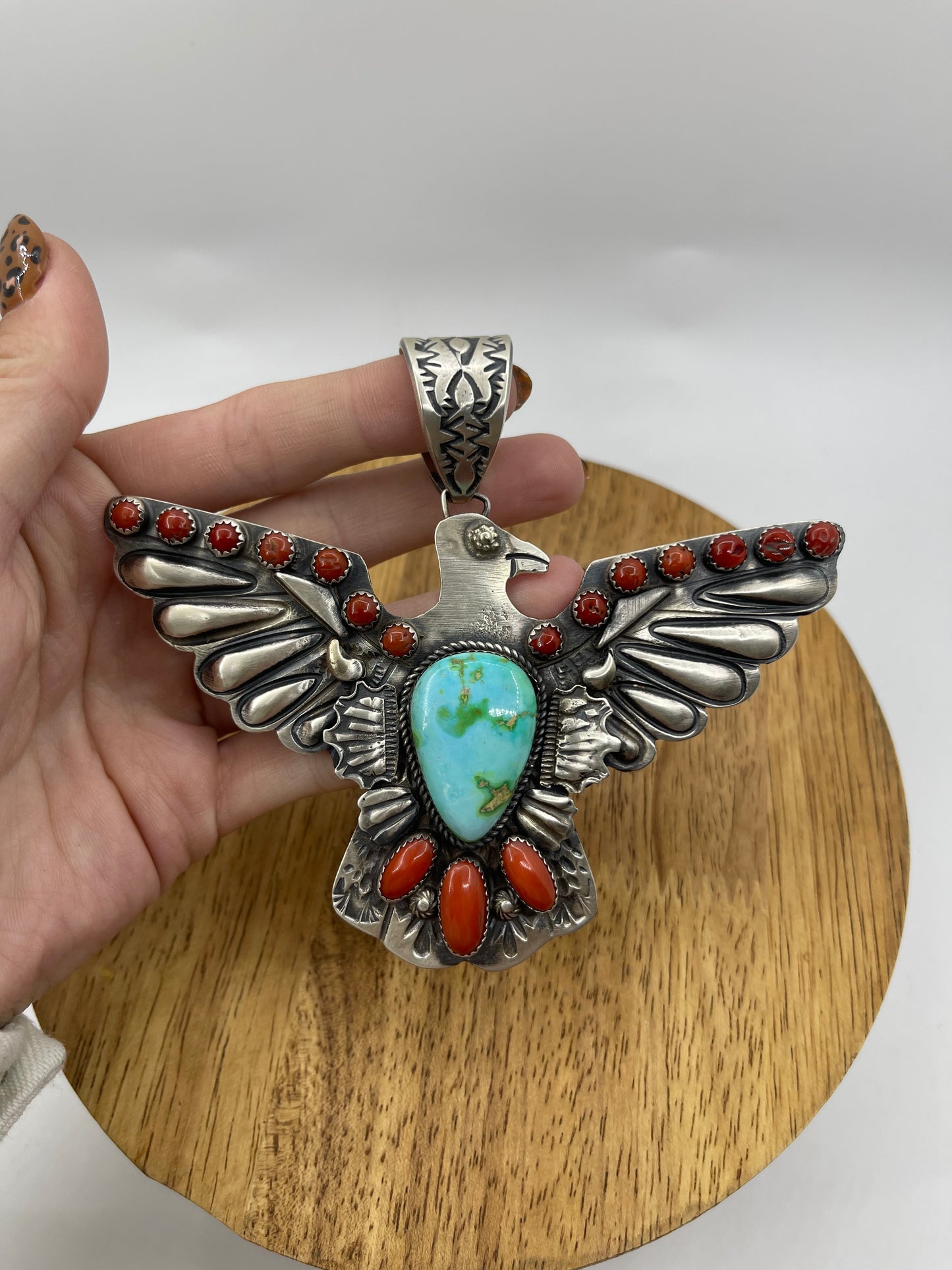 Red Coral and Sonoran Gold Turquoise Thunderbird Pendant with a 16mm Bale by Richard Yazzie, Navajo