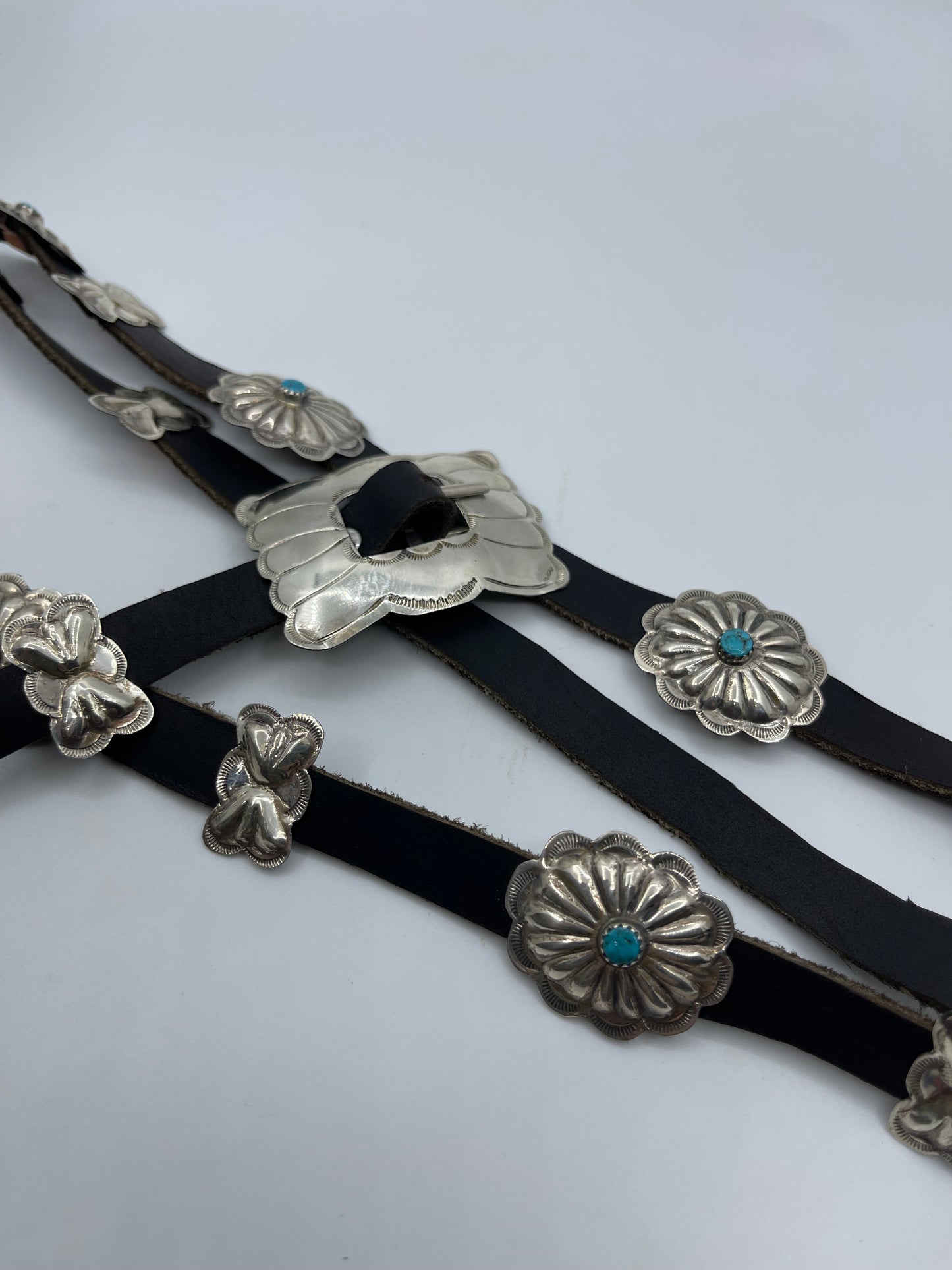 50" Dainty Concho Leather Belt with Turquoise Stones by Joan Begay, Navajo