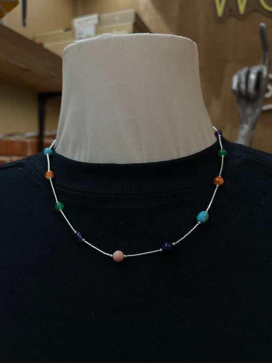 18" Multi Stone and Liquid Silver Necklace
