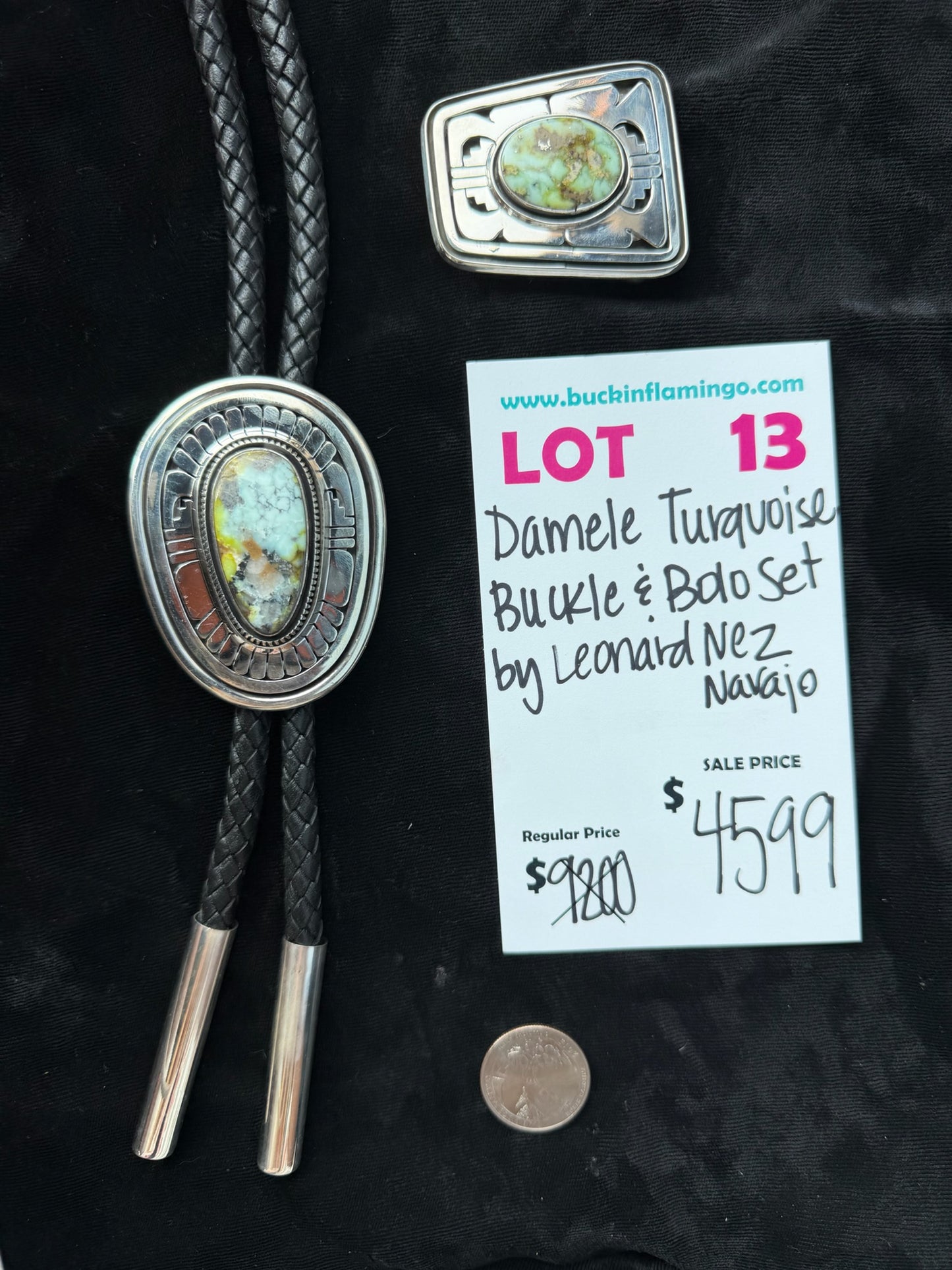 LOT 13 8/9 Damele Turquoise Buckle & Bolo Set by Leonard Nez, Navajo
