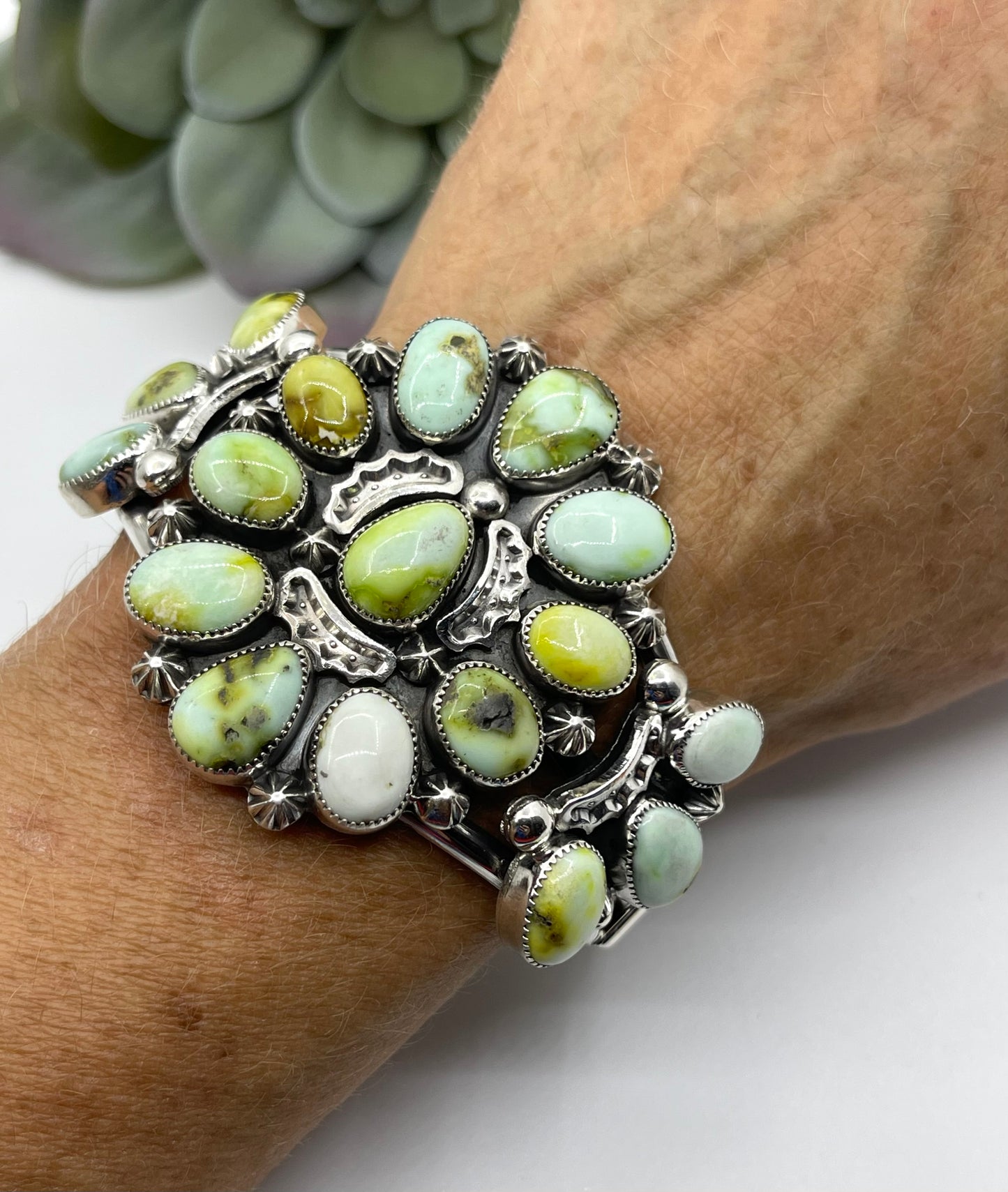 5 3/4"-7 1/4" Palomino Turquoise Cluster Cuff by Larson Lee, Navajo