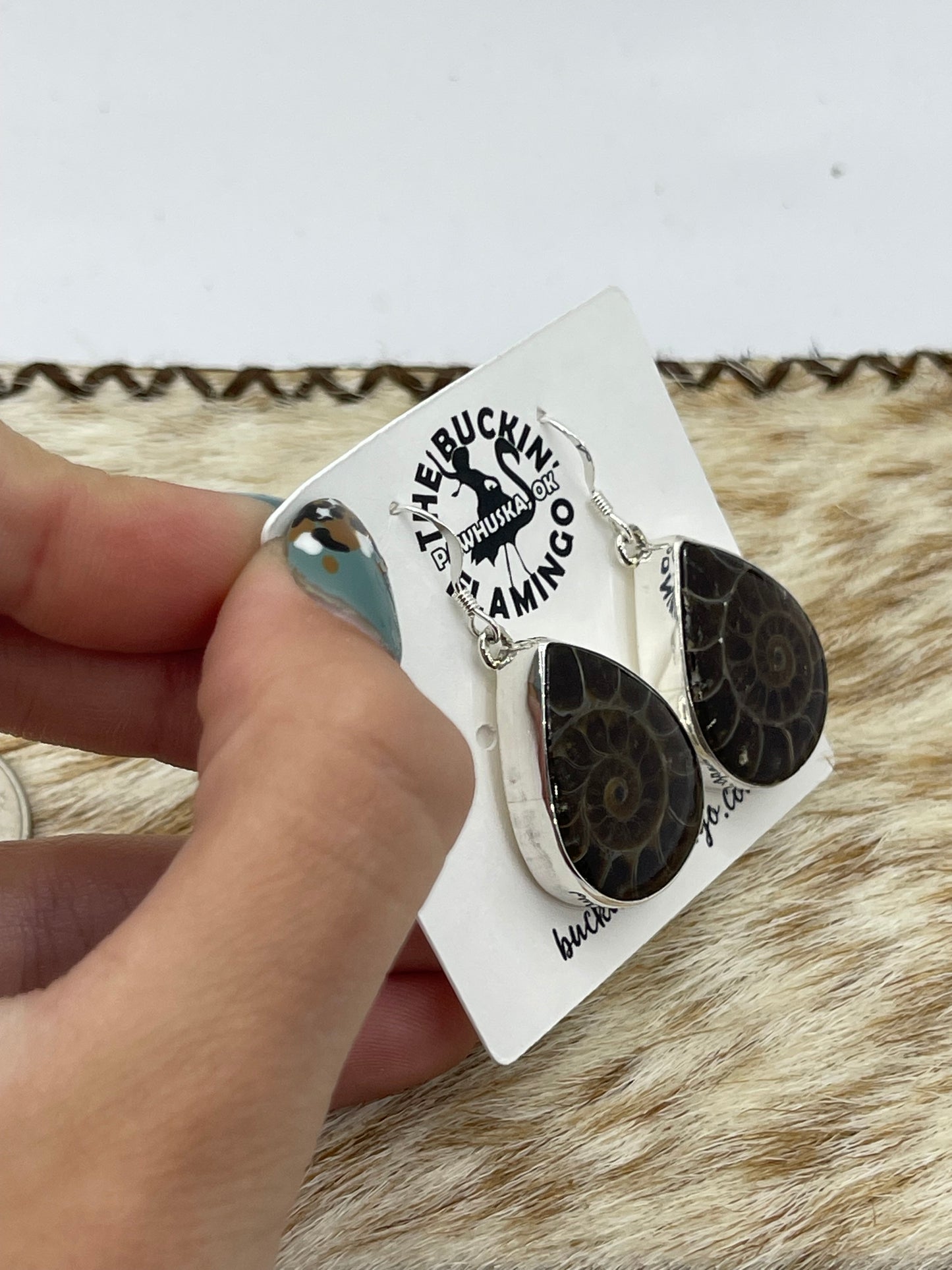 Teardrop Moroccan Ammonite Fossil Dangle Earrings by Dvane Smith, Navajo