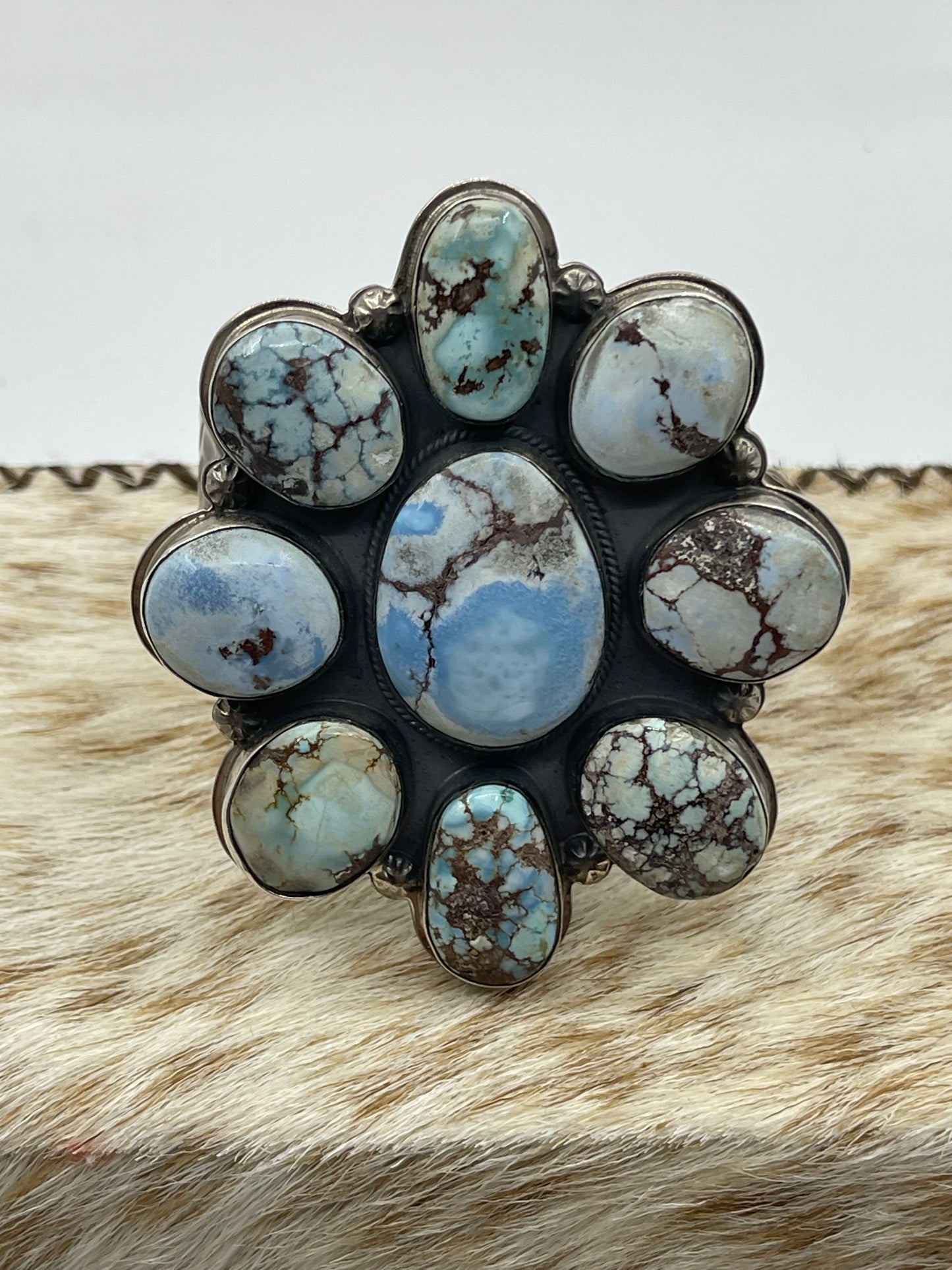 5 3/4"-7" Golden Hills Turquoise Cluster Cuff by Steven Nez, Navajo