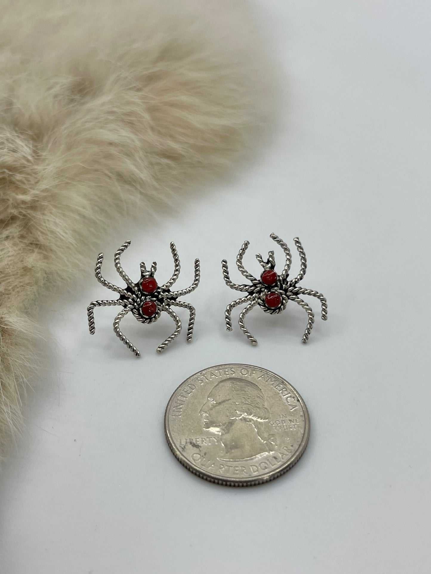 Red Coral Spider Post Earrings by Gilbert Weebothee, Zuni
