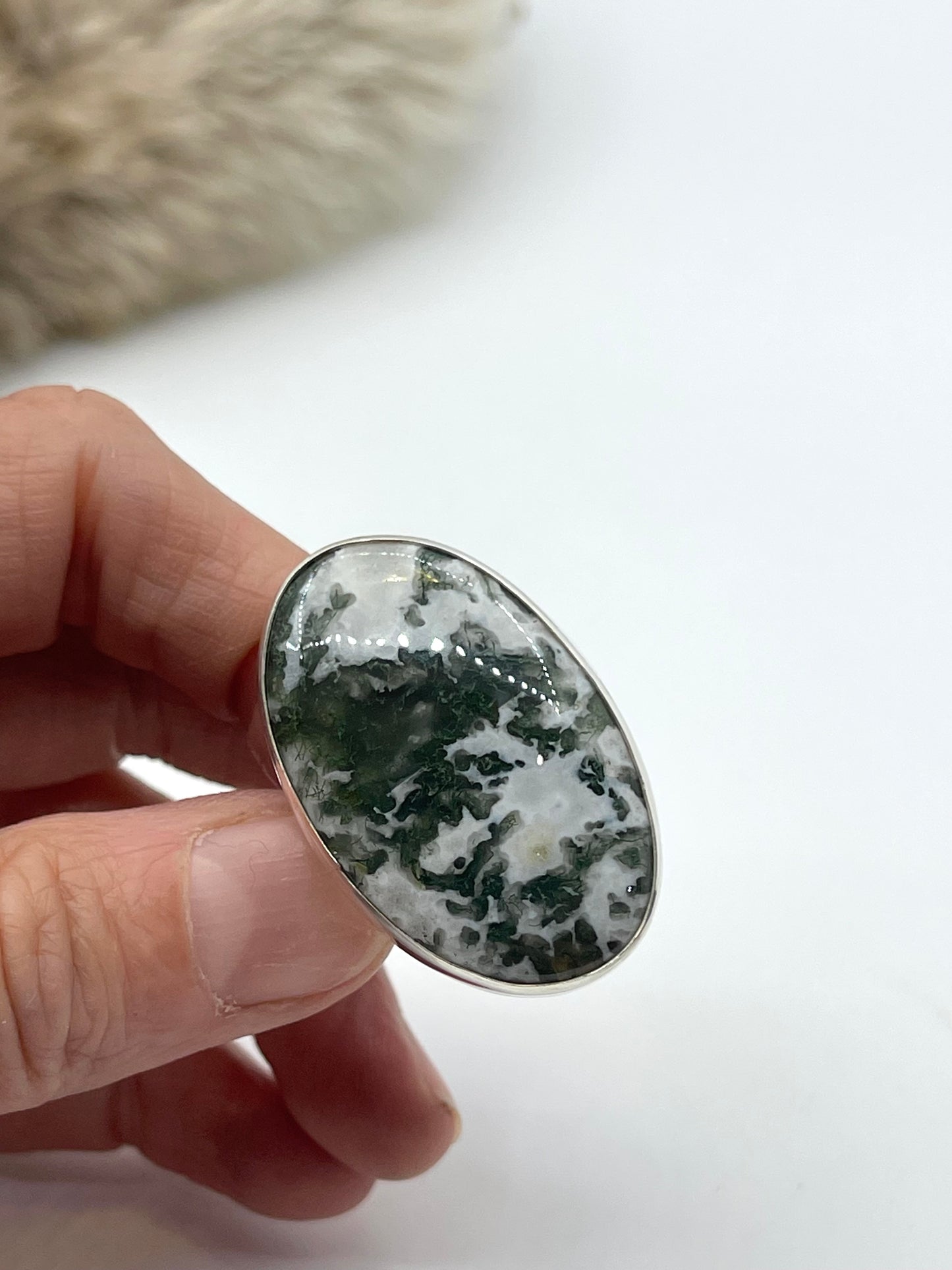8.5 Moss Agate Ring by Lawrence Willie, Navajo