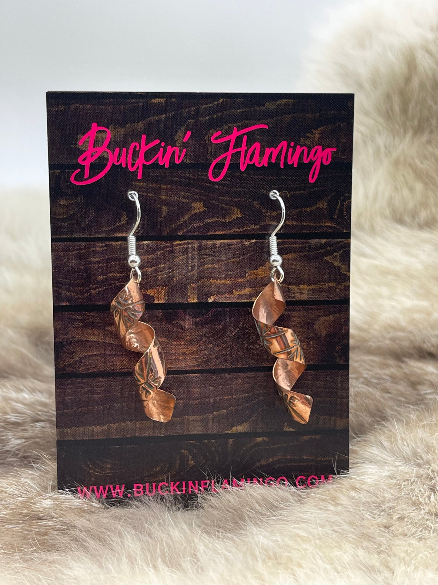 Stamped Copper Spiral Dangle Earrings by Felicia Etsitty, Navajo