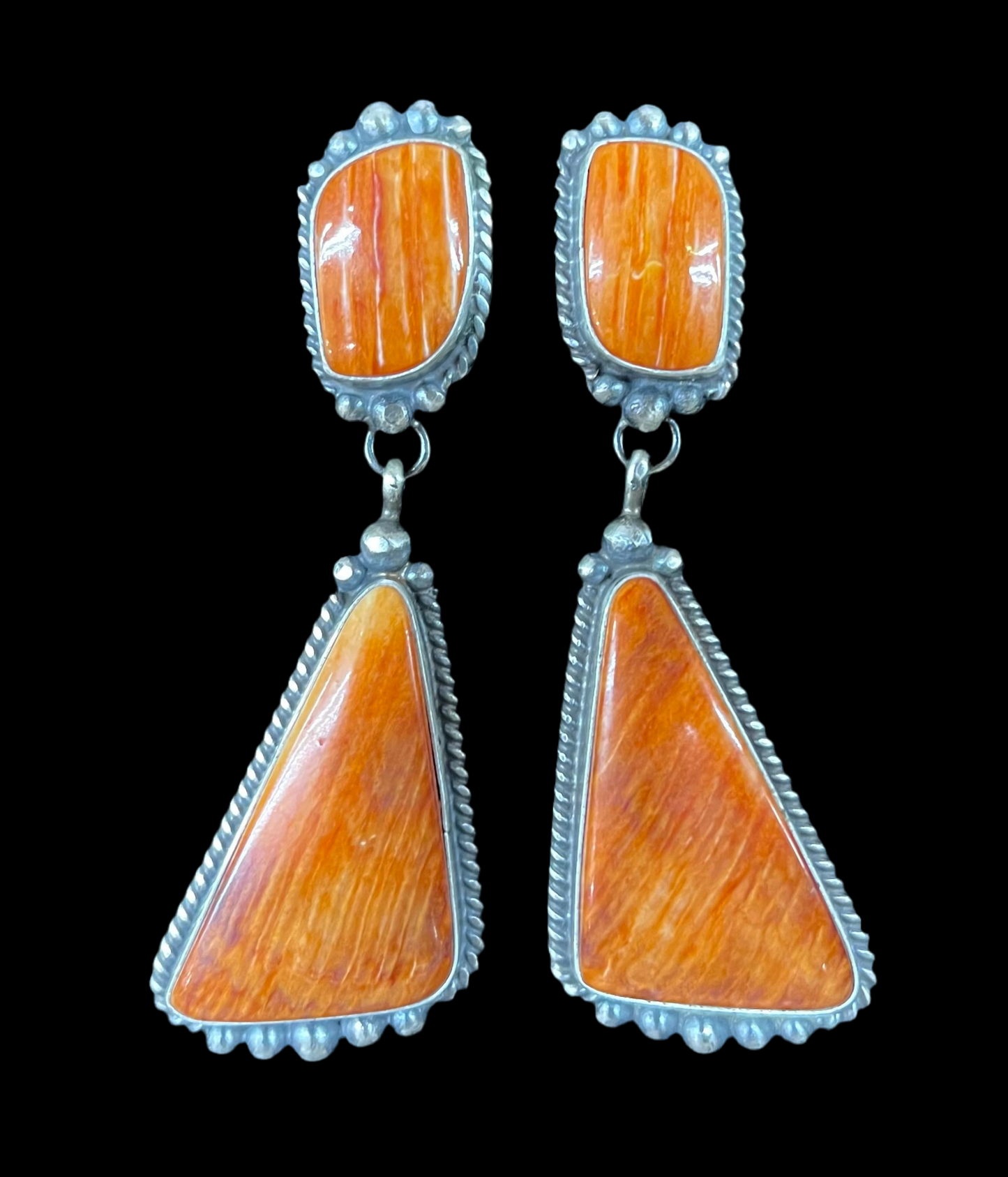 Orange Spiny Oyster Shell 2-Stone Post Dangle Earrings by Elouise Kee, Navajo