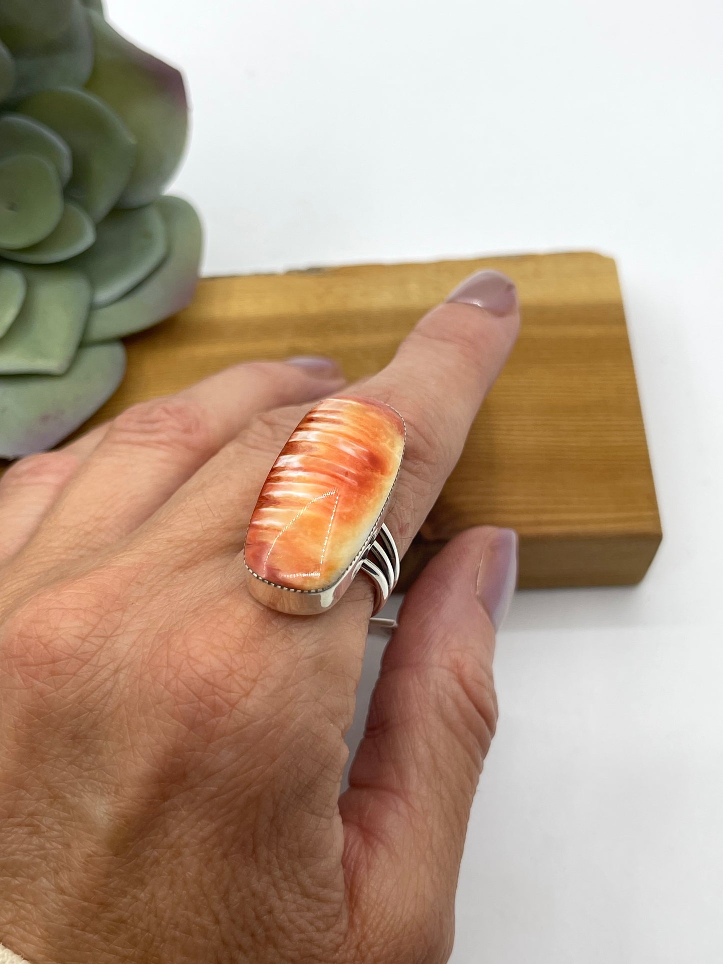 6.0 Orange Spiny Oyster Shell Ring by Mina Benally, Navajo