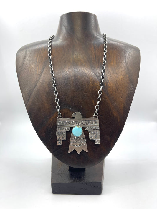 19" Golden Hills Turquoise Thunderbird Necklace by Rick Enriquez, Navajo