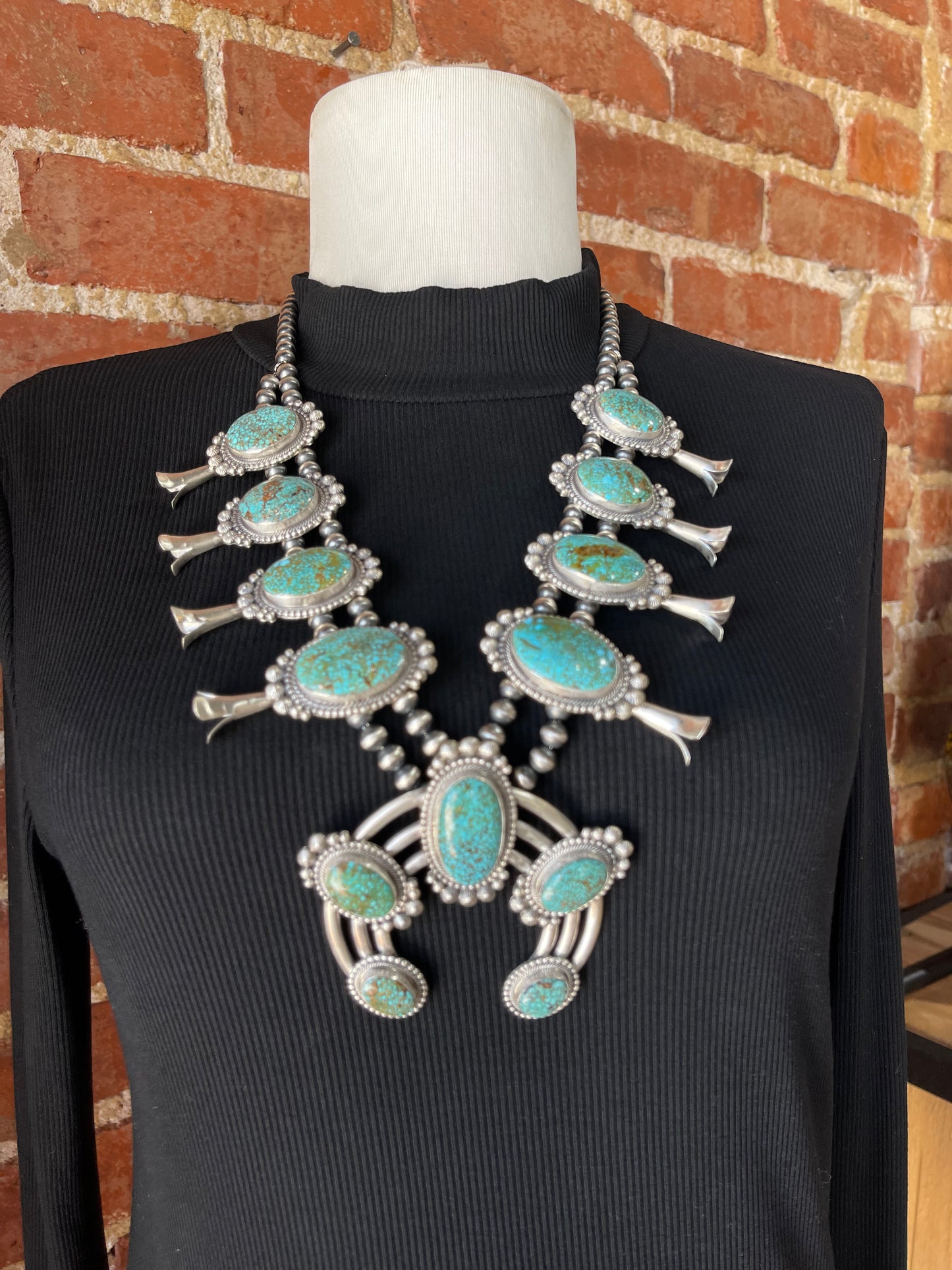 24" High Grade Kingman Web Turquoise Squash Blossom Necklace by Tom Lewis, Navajo