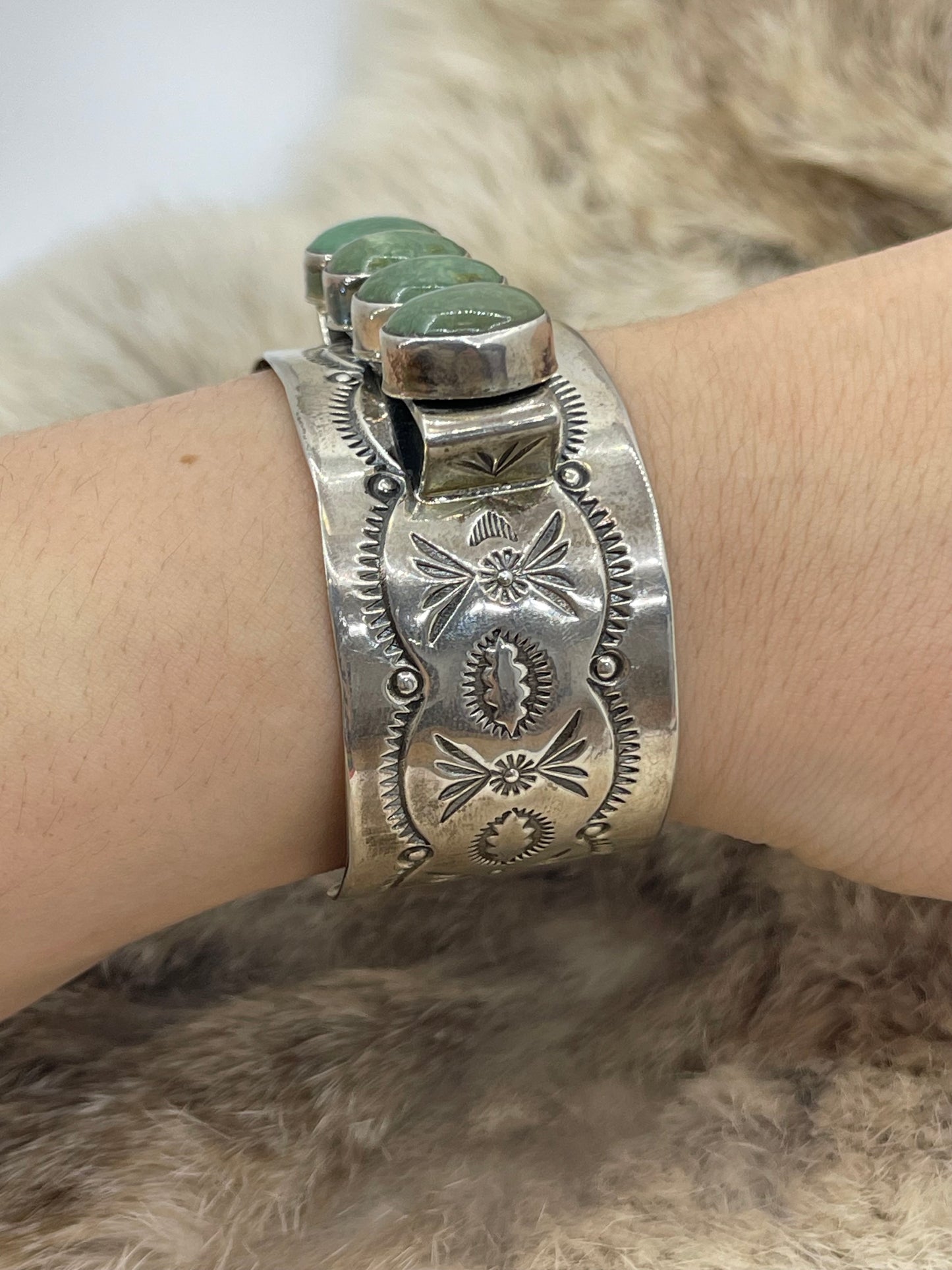 7" - 7.5" 4 Stone Emerald Valley Turquoise Bracelet by Delbert Secatero, Navajo