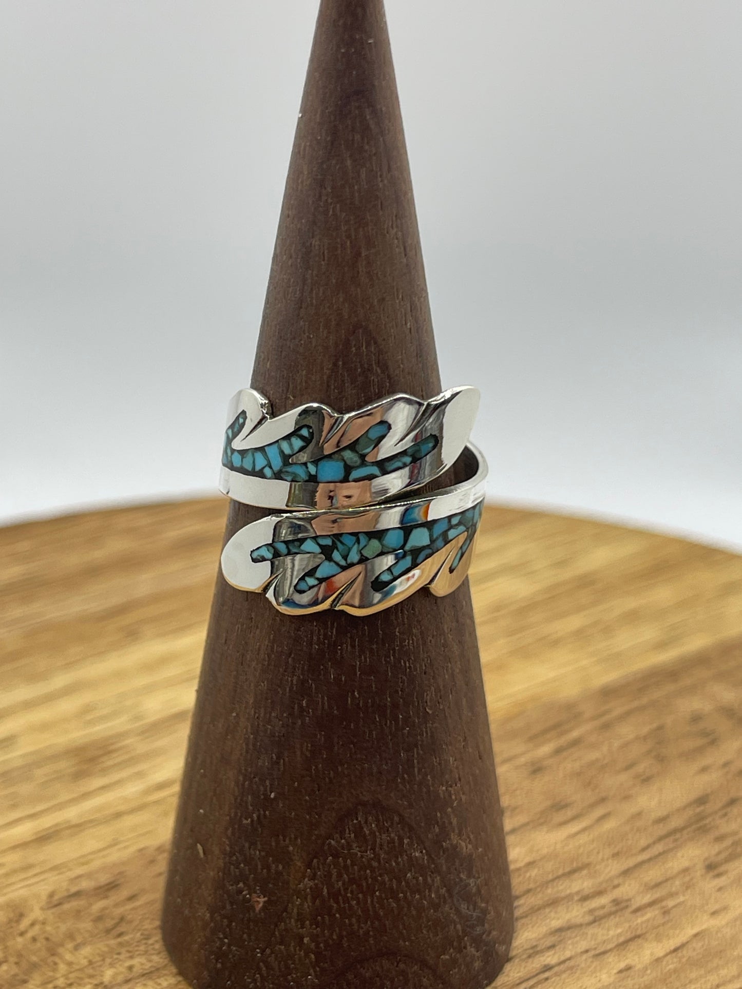 Adjustable Turquoise and Coral Chip Inlay Feather Ring (9.0-13.0)