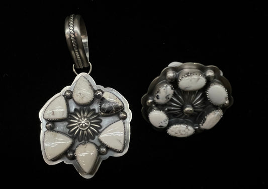 15mm Bale and 8.5 White Buffalo Pendant and Ring Set by Delbert Secatero, Navajo