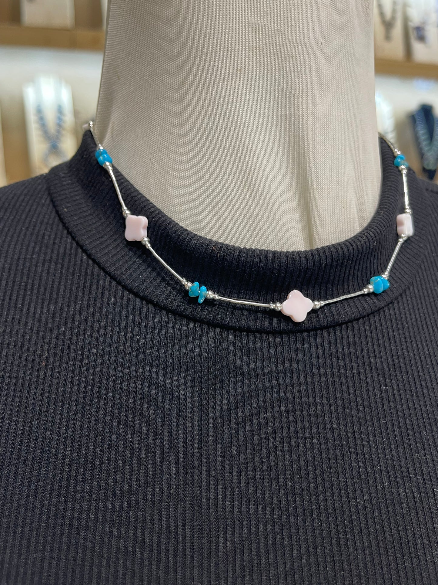Pink Conch Shell and Turquoise on Liquid Silver Necklace