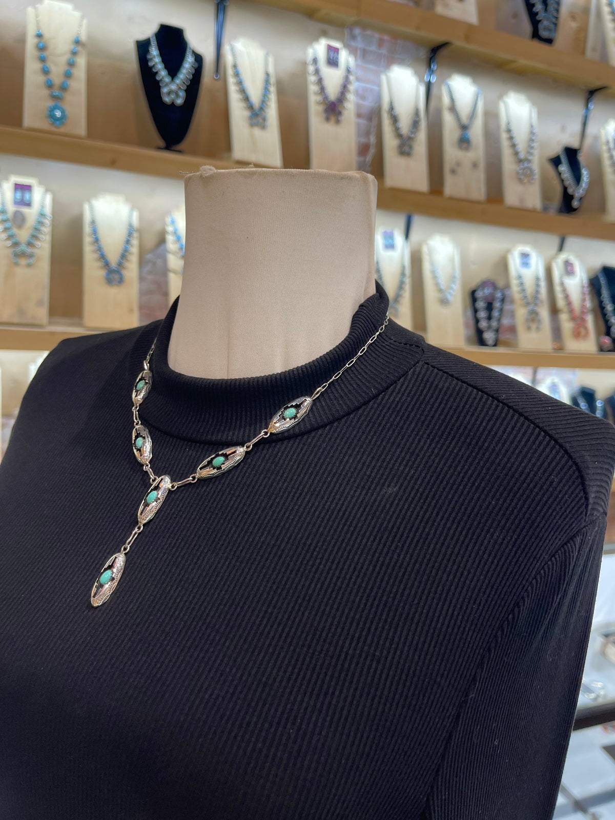 18" + 2.5" Drop Shadowbox Turquoise Lariat Necklace & Earring Set by Felix Perry, Navajo