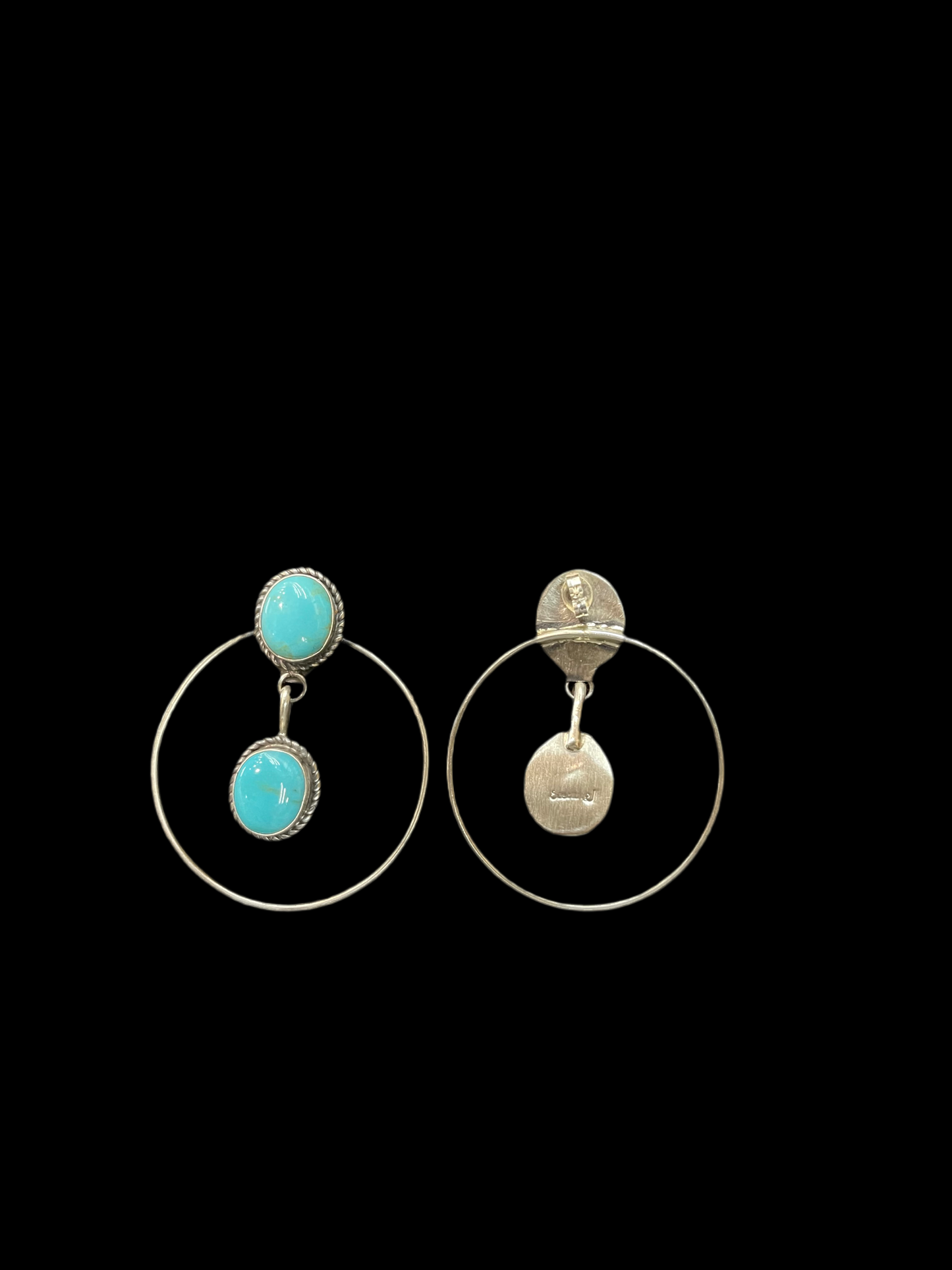 2 Stone Turquoise Hoop Post Earrings by Judith Dixon, Navajo