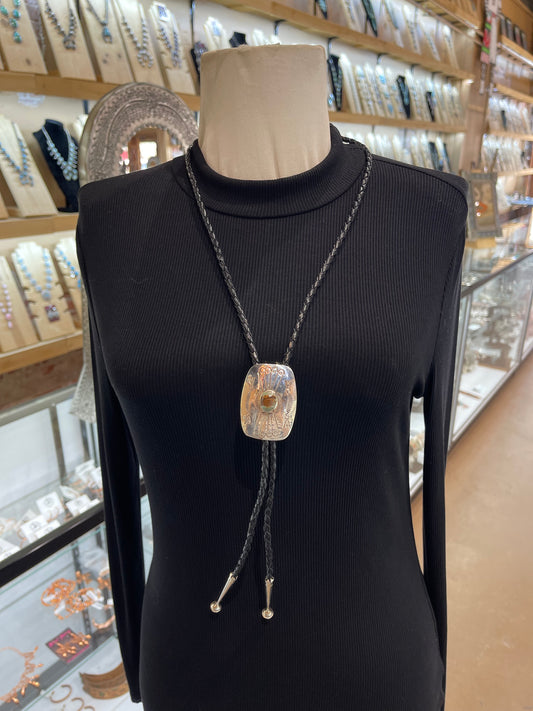 Stamped Silver Bolo Tie with Kingman Turquoise by Jolene Begay, Navajo