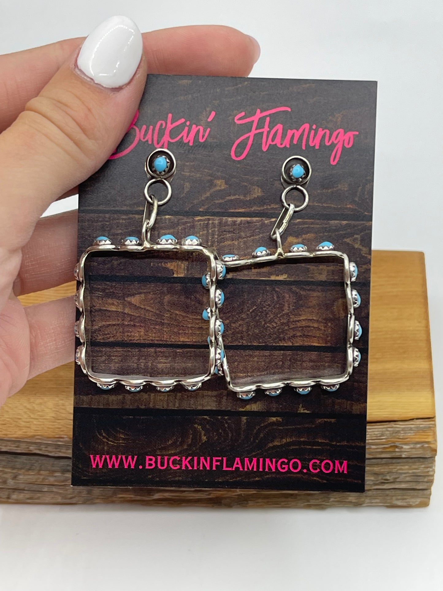 Turquoise Square Picture Frame Post Dangle Earrings by Florenda Lonasee, Zuni