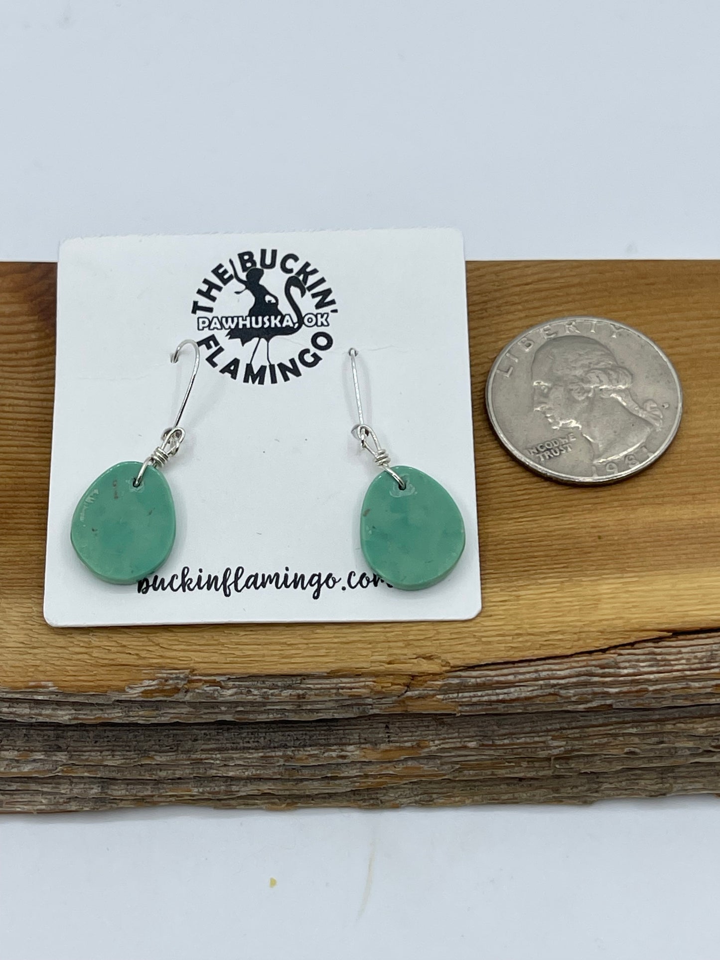 Small Turquoise Oval Slab Dangle Earrings by Raymond Tenoria, Santo Domingo