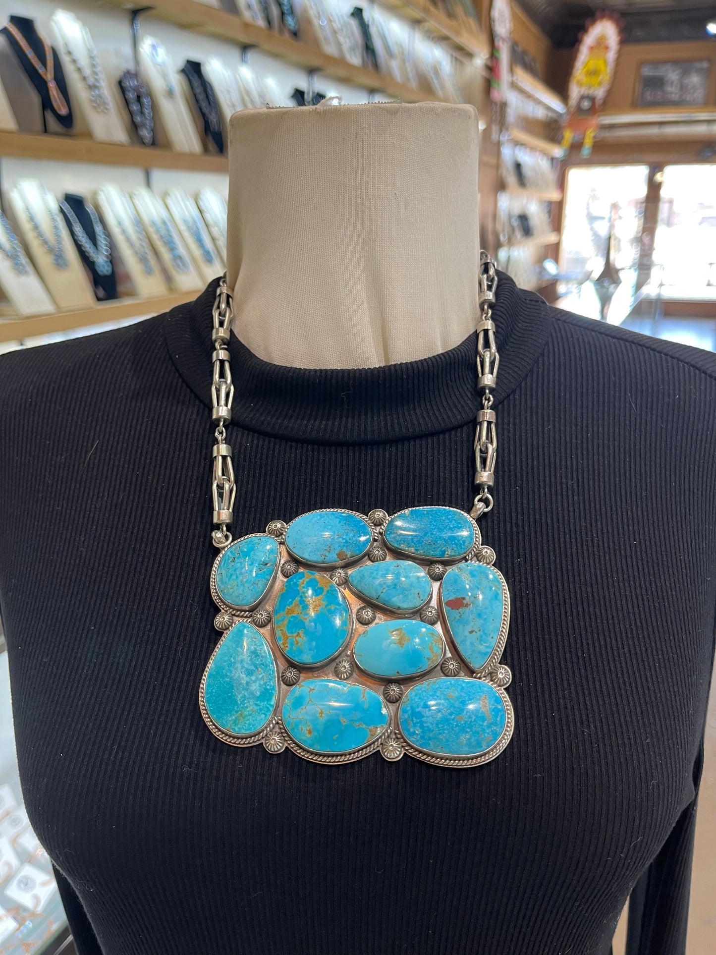 18" 10 Stone Kingman Turquoise Cluster Necklace by Gilbert Platero, Navajo