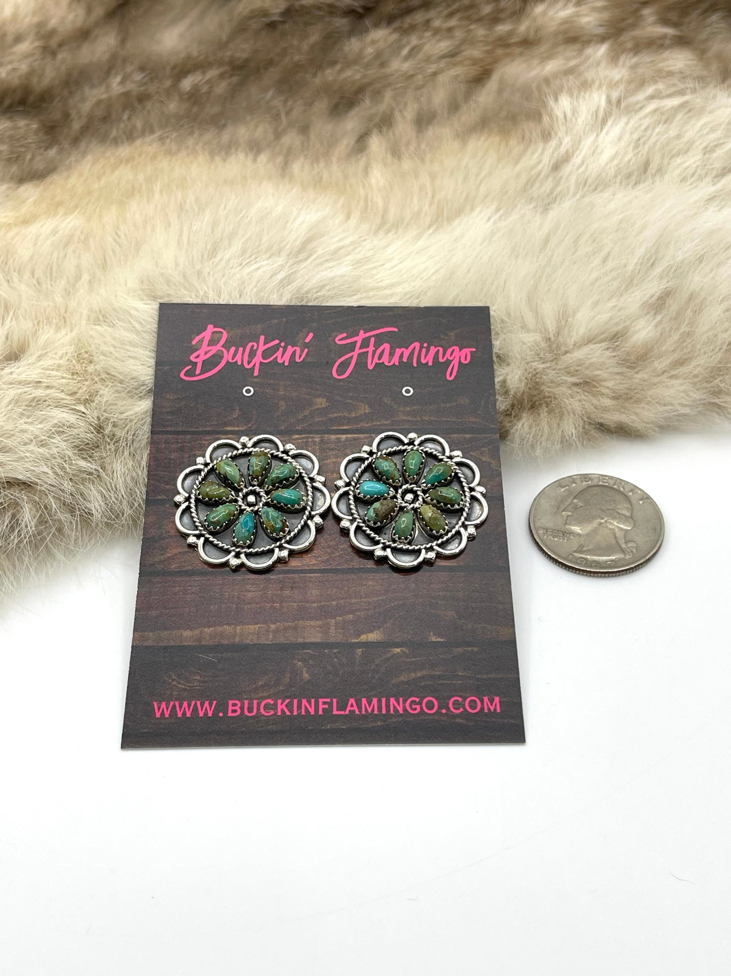 Sonoran Gold Turquoise Fancy Concho Earrings by Gerald Mitchell, Navajo