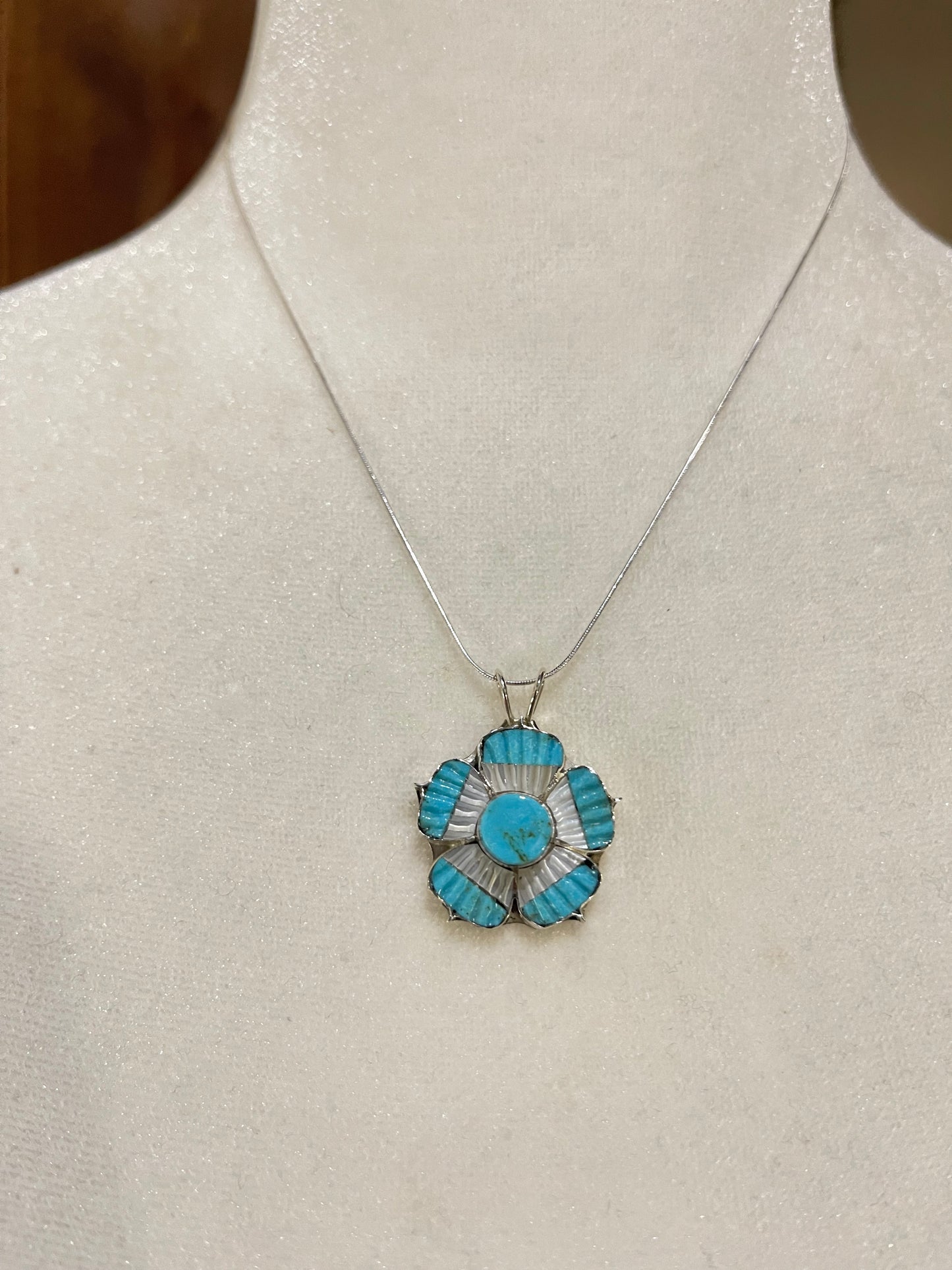 16" Turquoise and Mother of Pearl Flower Pendant Necklace with a 3mm Bale by Marsha Quam, Zuni
