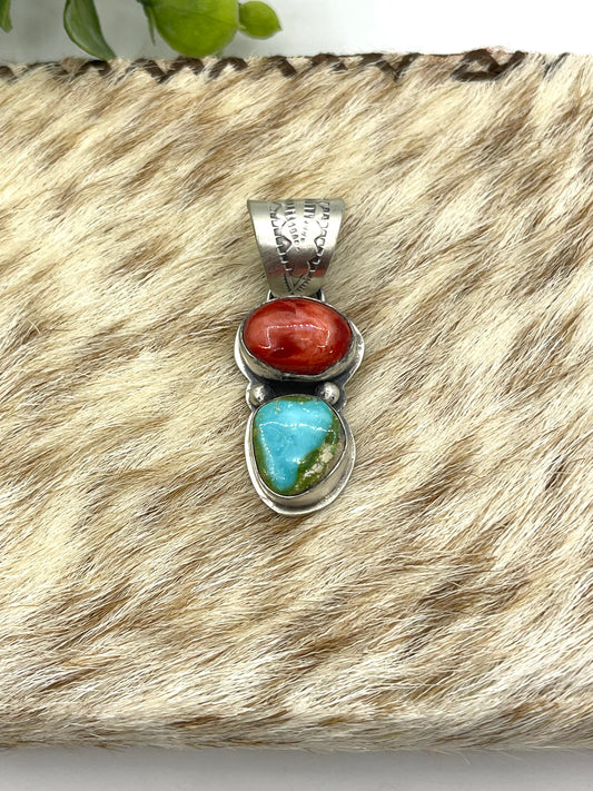 Sonoran Gold Turquoise & Red Spiny Oyster 2 Stone Pendant by Boyd J. Ashley, Navajo